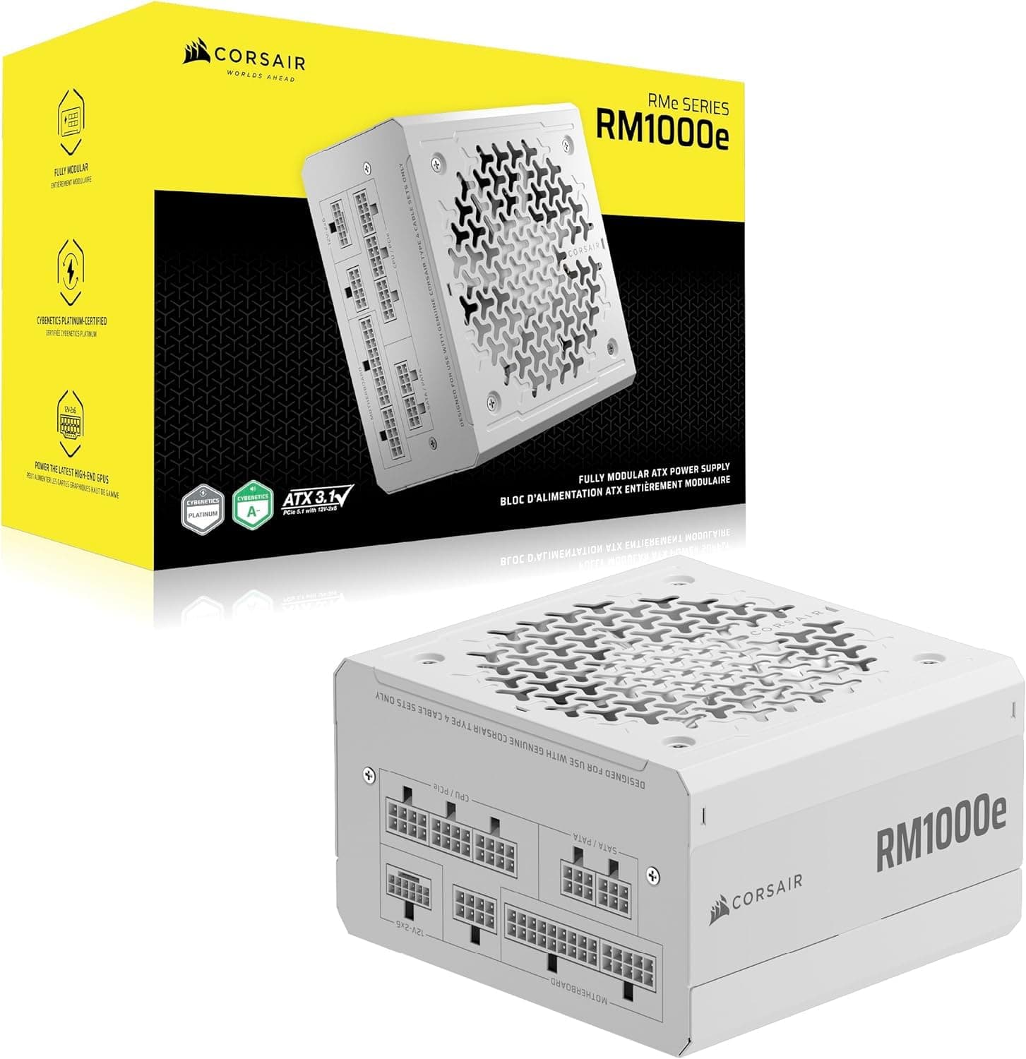 Corsair RM1000e (2025) Vollmodulares Low-Noise ATX-Netzteil mit 12V-2x6-Kabel - ATX 3.1 & PCIe 5.1 konform, Cybenetics Gold Effizienz, 105°C bewertete Kondensatoren, moderner Standby-Modus, Weiß RMe (2025) 1000 Watts weiß