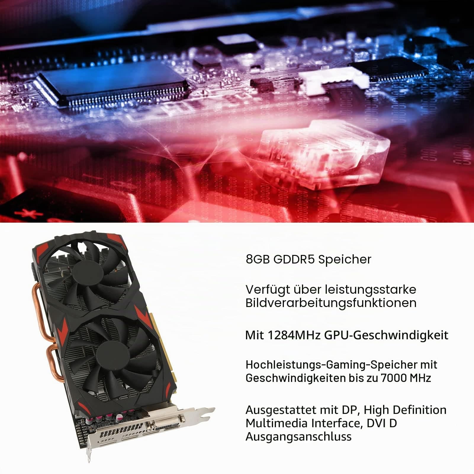 VBESTLIFE RX 580-Grafikkarte, 8 GB GDDR5 256-Bit-Gaming-Grafikkarte, PCI Express 3.0x16, 3 DisplayPort HDMI DVI, Dual Air Cooling PC-Grafikkarten, Unterstützung für 4K-Displays Bild 5