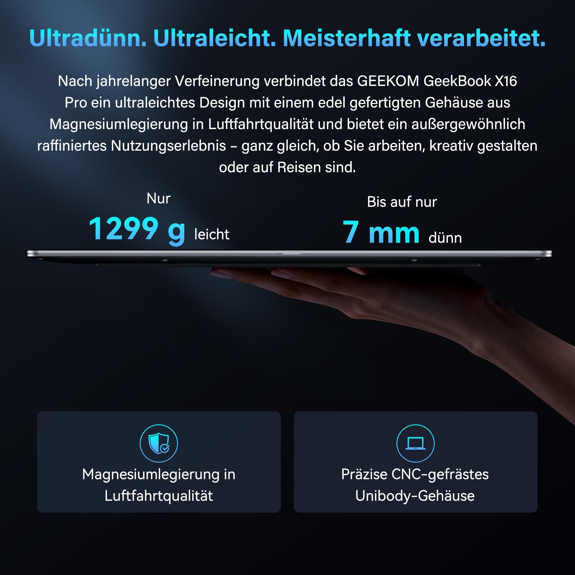 GEEKOM GeekBook X16 Pro Laptop, 1299g Metallgehäuse, 16" 2.5K, Intel Core Ultra 9-185H, 32GB LPDDR5x 7500MT/s, 2TB SSD, USB4, Fingerabdrucksensor, DTS:X Ultra, bis zu 17h Akku, Copilot, Windows 11 Pro Bild 3