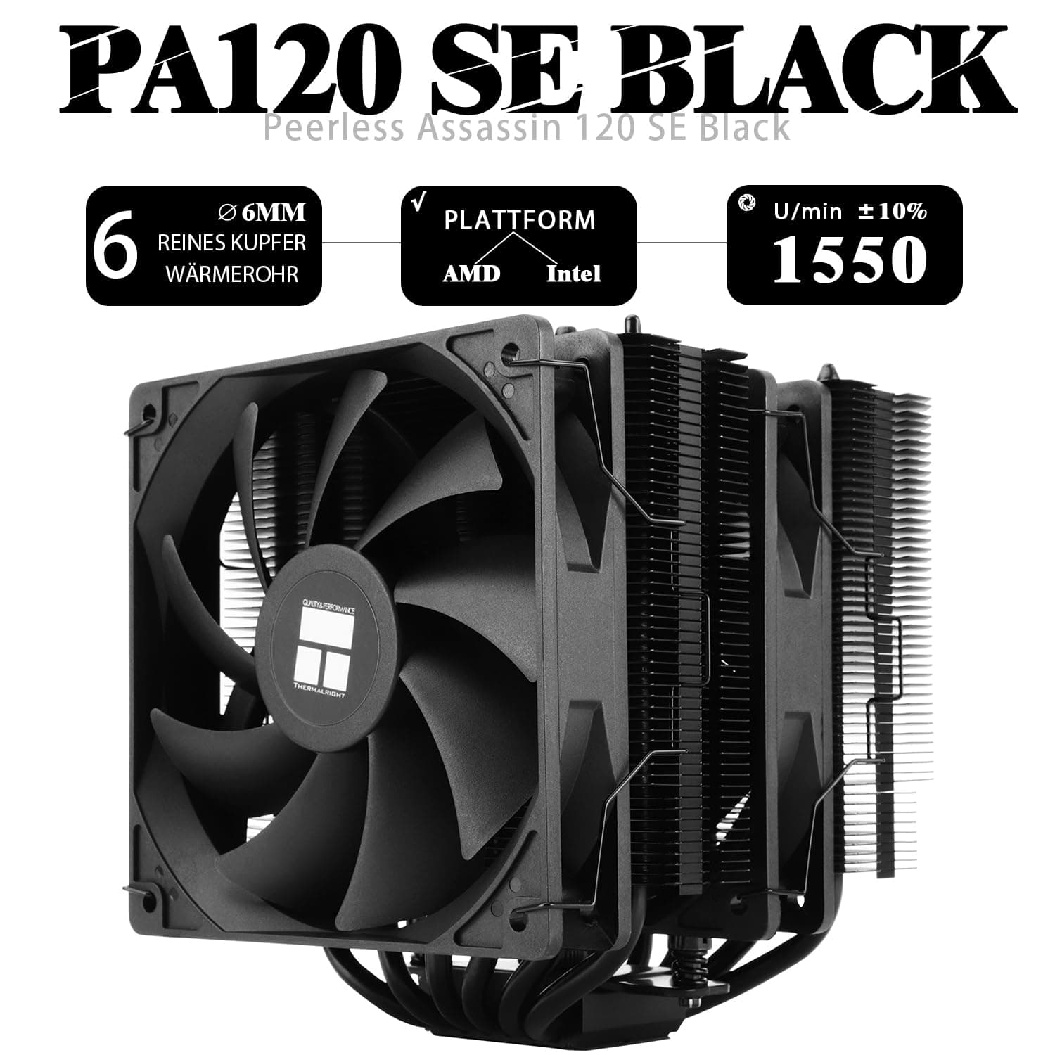 TR-Thermalright Peerless Assassin 120 SE Black CPU Luftkühler, Dual Tower und Lüfter mit 6 Heatpipes,2xTL-C12C PWM Lüfter mit 1550U/min,für AM5/AM4,Intel LGA1851/1700/1150/1151,Schwarz PC-Kühlung Bild 3