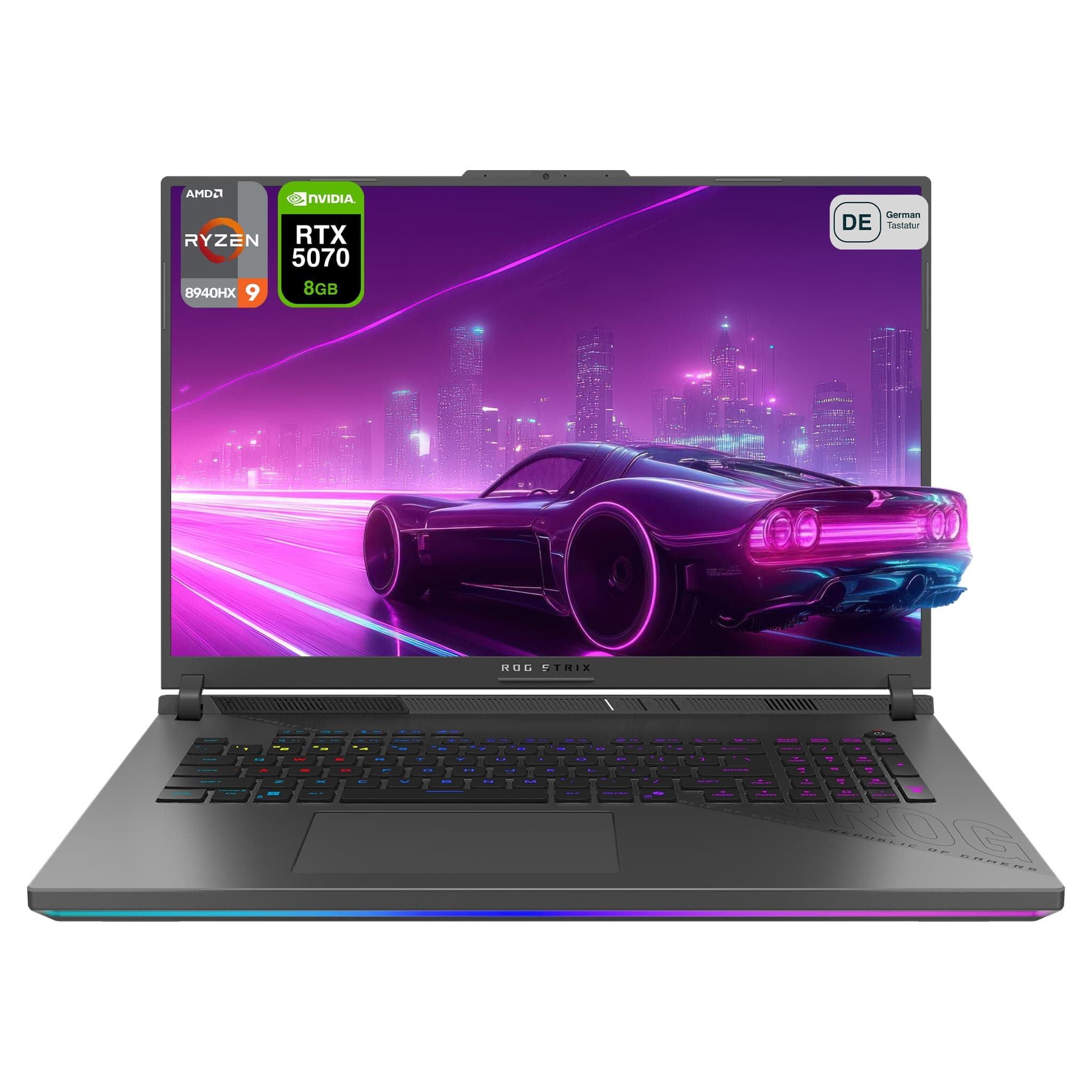 ASUS ROG Strix G18 Gaming Laptop, AMD Ryzen 9-8940HX, 32 GB DDR5 RAM, 2 TB PCIe SSD, 18" WUXGA (1920x1200) Display, Nvidia GeForce RTX 5070 Graphics, RGB QWERTZ Tastatur, Windows 11 Home, Grau 32 GB RAM | 2 TB SSD Windows 11 Home