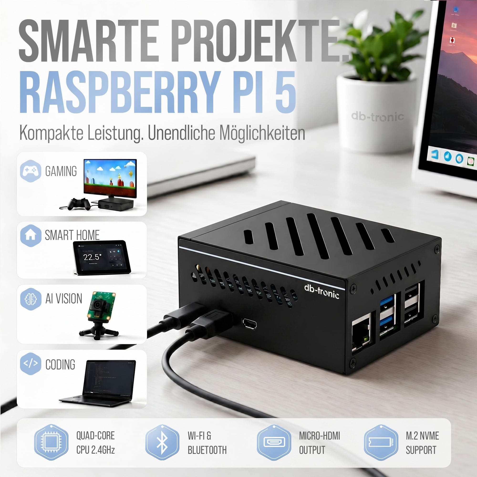 db-tronic Raspberry Pi 5 8GB PCIe M.2 NVMe Set | 64GB Edition | Netzteil 27W | Metallgehäuse | Active Cooler | M.2 NVMe SSD PCIe Board | Ideal für Smart Home, Retro Gaming & Home Assistant 8GB RAM Bild 4