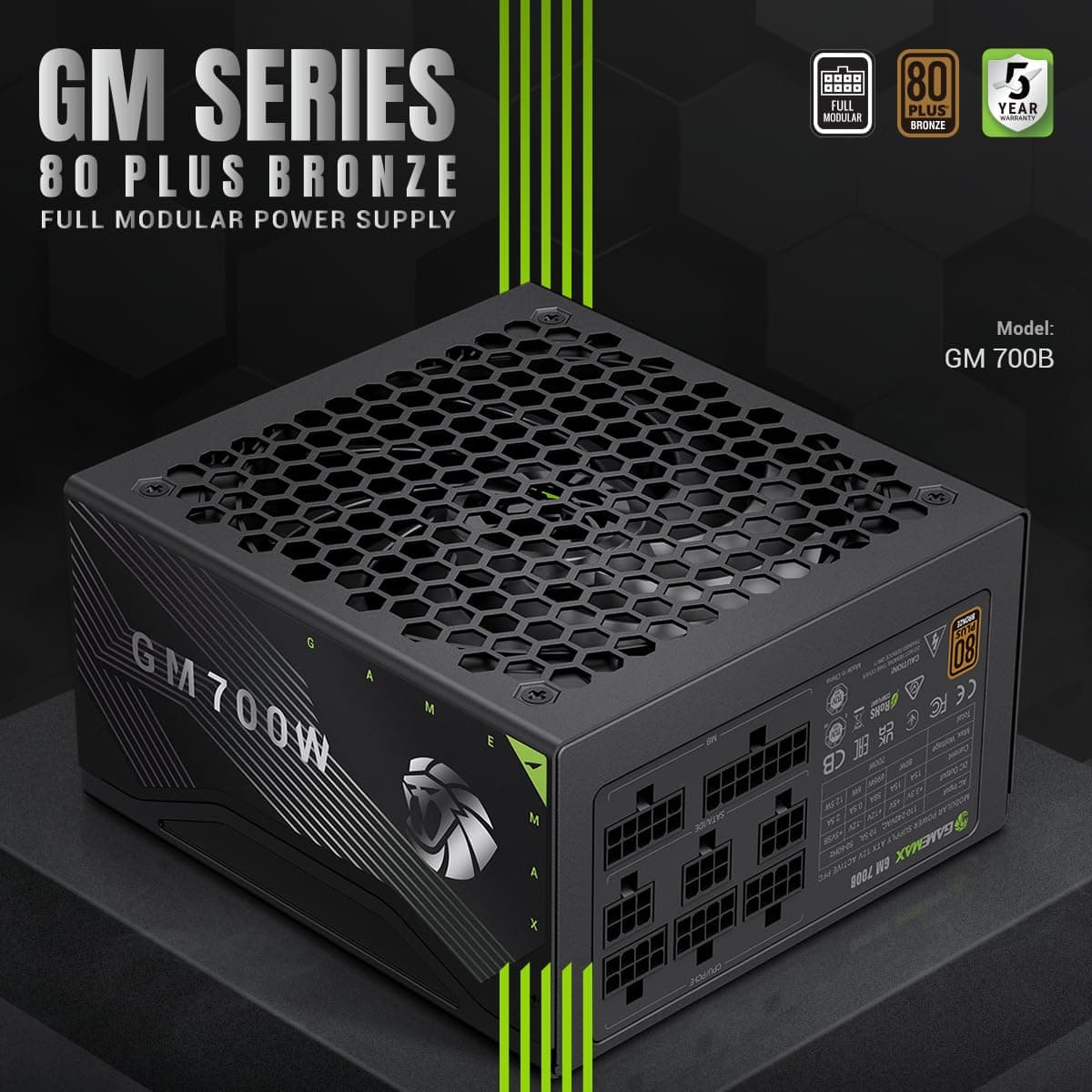 GAMEMAX GM 700B Netzteil PC 700W, Vollmodular, 80Plus Bronze, Active PFC & DC-to-DC, ATX Single 12V Rail, 140mm Lüfter, Hochwertige Kondensatoren, 7 Schutzfunktionen, 5 Jahre Garantie, Schwarz Bild 3