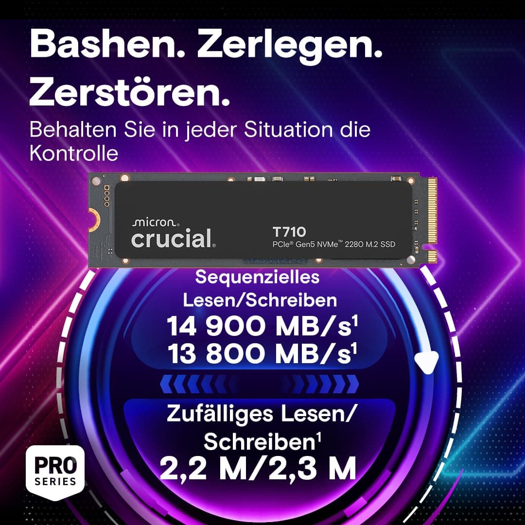 Crucial T710 SSD 1TB M.2 NVMe PCIe 5.0 x4 Gen5, bis zu 14.900 MB/s Lesen, 13.700 MB/s Schreiben, für Laptop und Desktop PC, TLC NAND, Interne Festplatte - CT1000T710SSD8-01 Bild 3