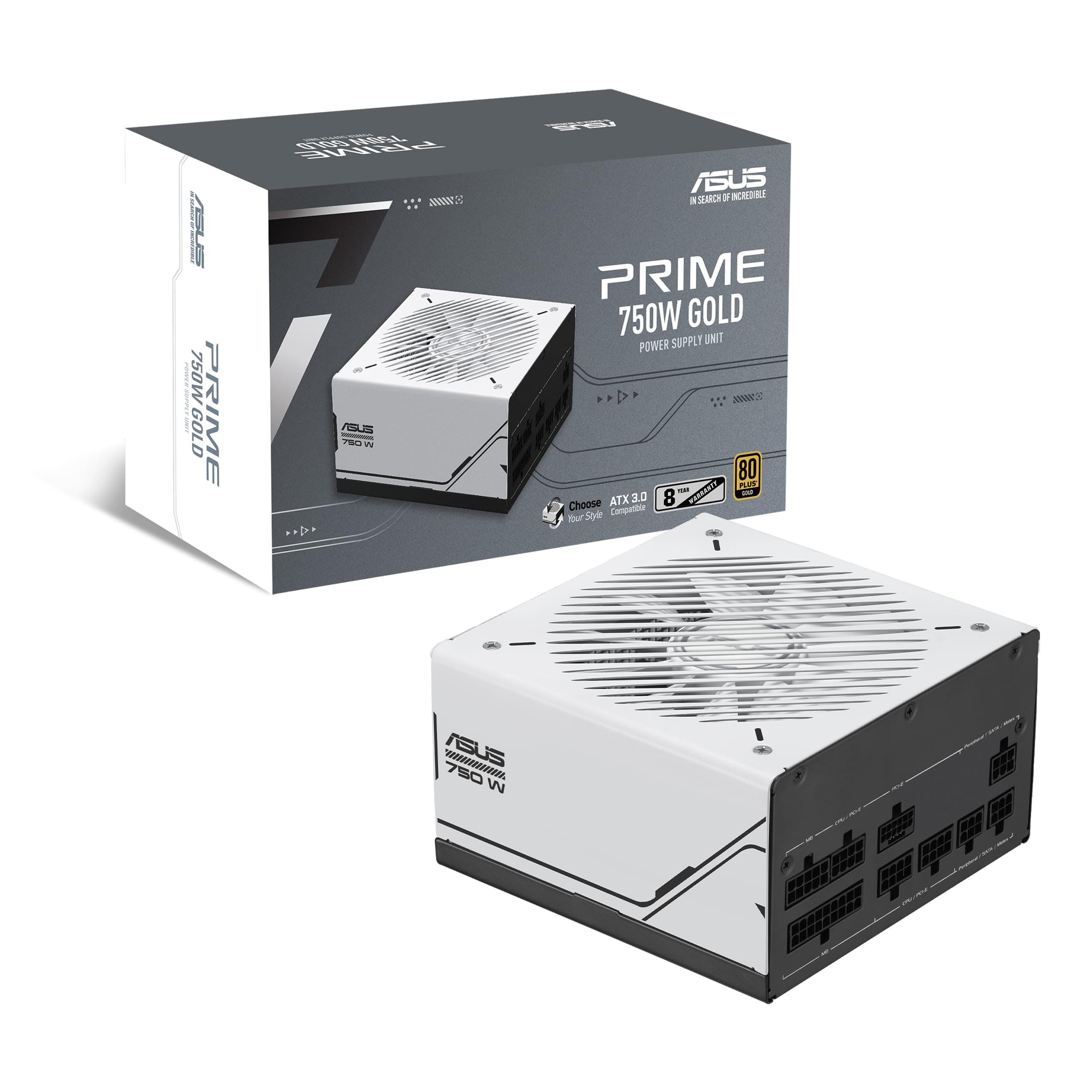 ASUS Prime 750W Gold Netzteil (750 Watt, für Allround-PCs und Gaming-PCs, 80 Plus Gold Zertifizierung, ATX 3.1 kompatibel, PCIe 5.1, Lüfter mit Doppelkugellagern, schwarz/weiß) Bild 2