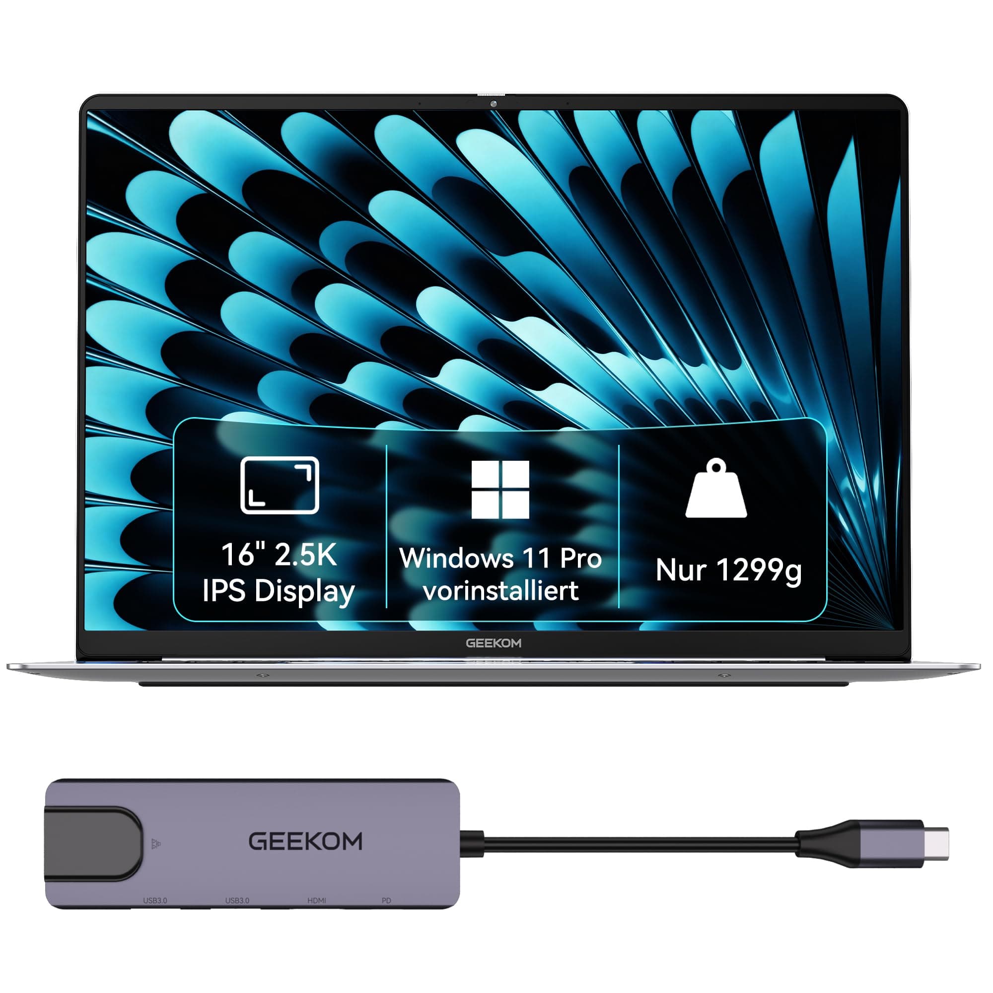 GEEKOM GeekBook X16 Pro Laptop, 1299g Metallgehäuse, 16" 2.5K, Intel Core Ultra 9-185H, 32GB LPDDR5x 7500MT/s, 2TB SSD, USB4, Fingerabdrucksensor, DTS:X Ultra, bis zu 17h Akku, Copilot, Windows 11 Pro