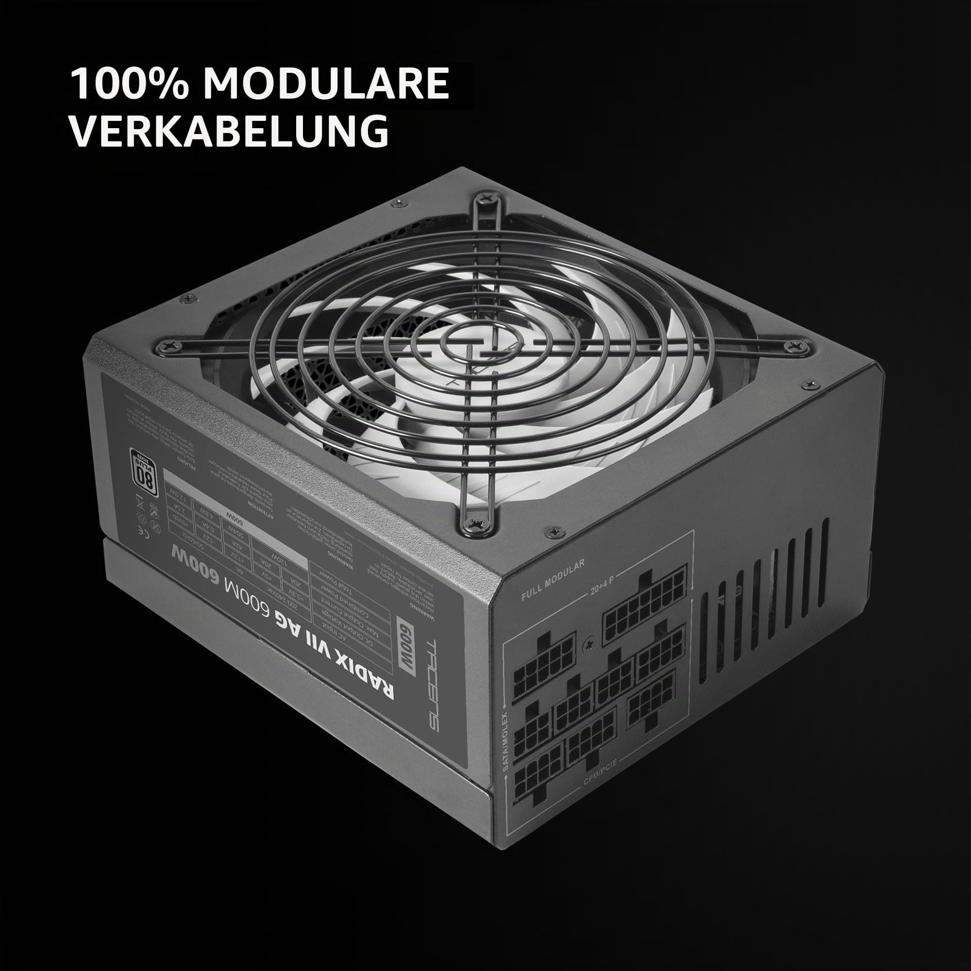 Tacens Radix VII AG 600, Vollmodulares 600W ATX-Netzteil, 10 Jahre Garantie, 80Plus Silver, +87% Wirkungsgrad, 140mm FDB-Lüfter mit AI-RPM Technologie, Japanische-Kondensatoren 105º, Schwarz Bild 3