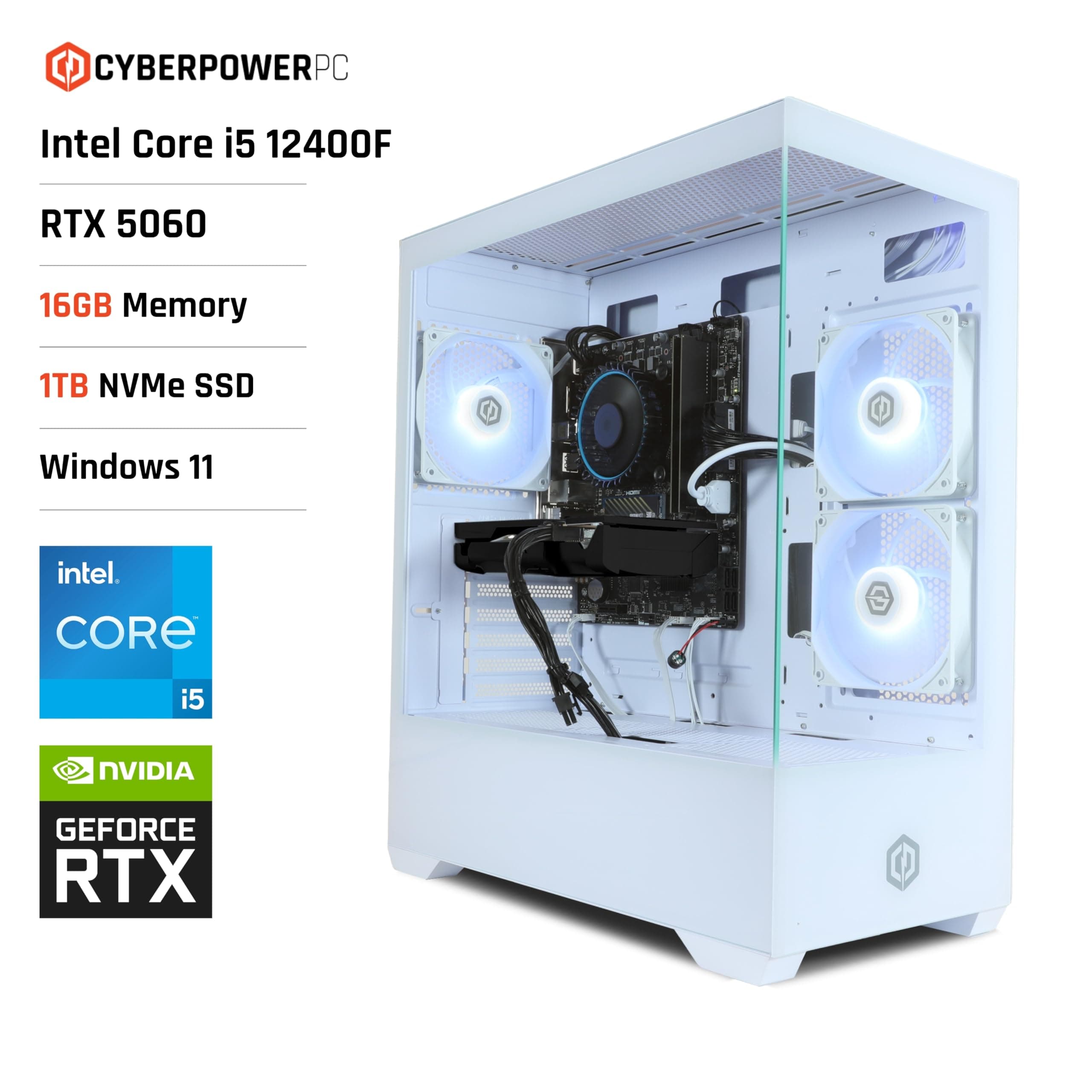 CYBERPOWERPC Wyvern Gaming PC - Intel Core i5 12400F, Nvidia RTX 5060, 16GB RAM, 1TB NVMe SSD, 650W PSU, Wi-Fi, Windows 11, Prism Panoramic White Intel Core i5 12400F , White Case Nvidia RTX 5060 Bild 2
