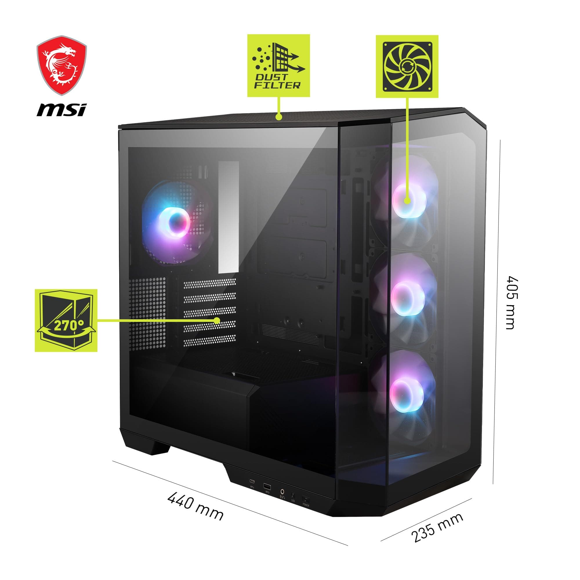 MSI MAG PANO M100R PZ mATX PC-Gehäuse - 3 x 120 mm Reverse-Blade ARGB-Lüfter und 1 x 120 mm ARGB-Lüfter mit Hub, GPU-Ständer, Staubfilter, 33 mm Kabelführungsraum, USB Typ-C (20Gbps) Bild 5