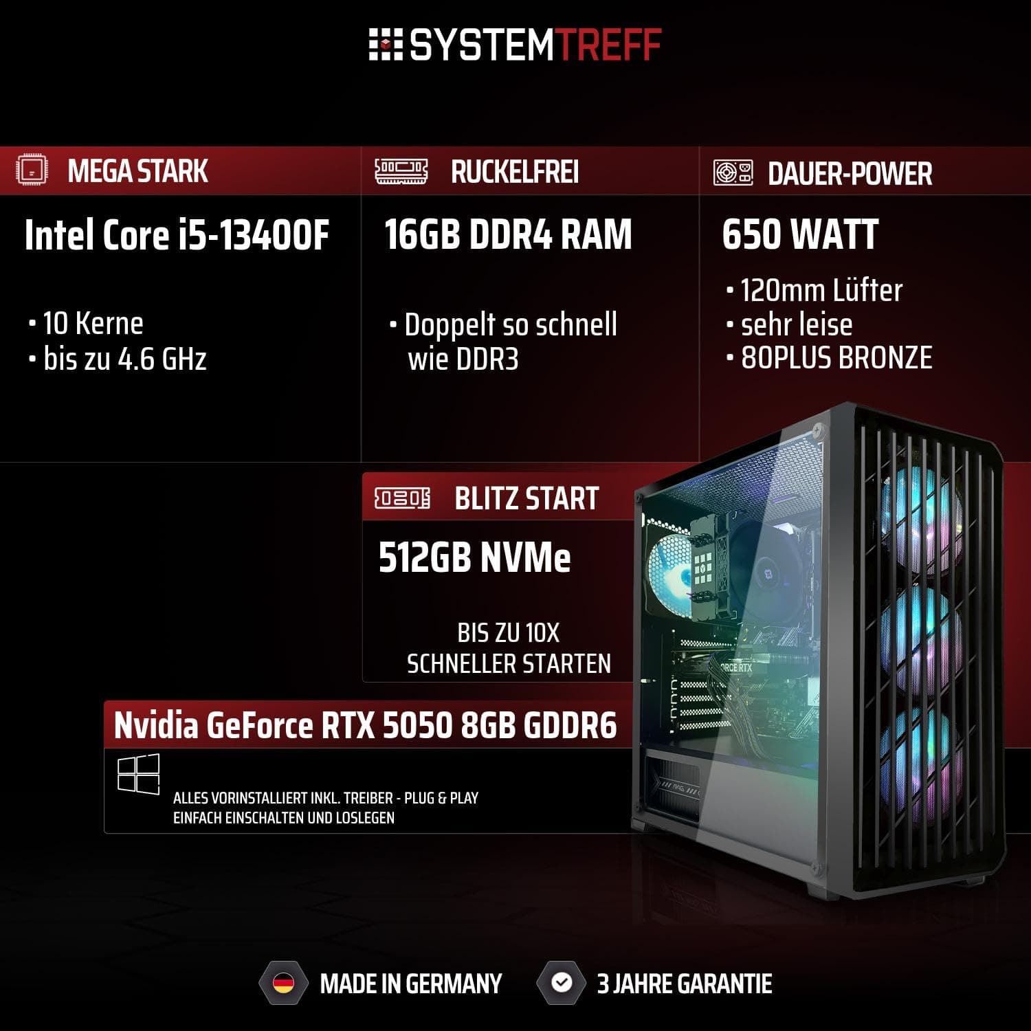 SYSTEMTREFF Gaming PC Intel Core i5-13400F 6x4.6GHz | Nvidia RTX 5050 8GB DX12 | 512GB M.2 NVMe | 16GB DDR4 RAM | WLAN Desktop Computer Rechner für Gamer, Zocker & Streamer Bild 2