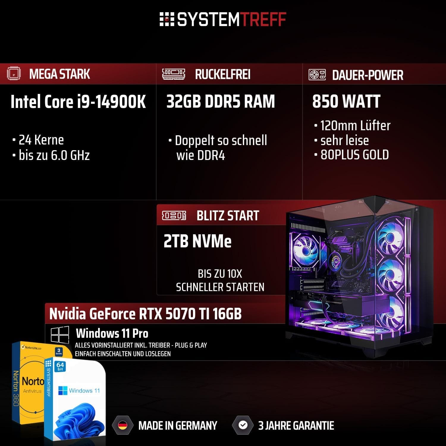 SYSTEMTREFF High-End Gaming PC Intel Core i9-14900K 8x6GHz | Nvidia RTX 5070 TI 16GB DX12 | 2TB M.2 NVMe | 32GB DDR5 RAM | Windows 11 | Desktop Computer Rechner für Gamer, Zocker & Streamer Bild 2