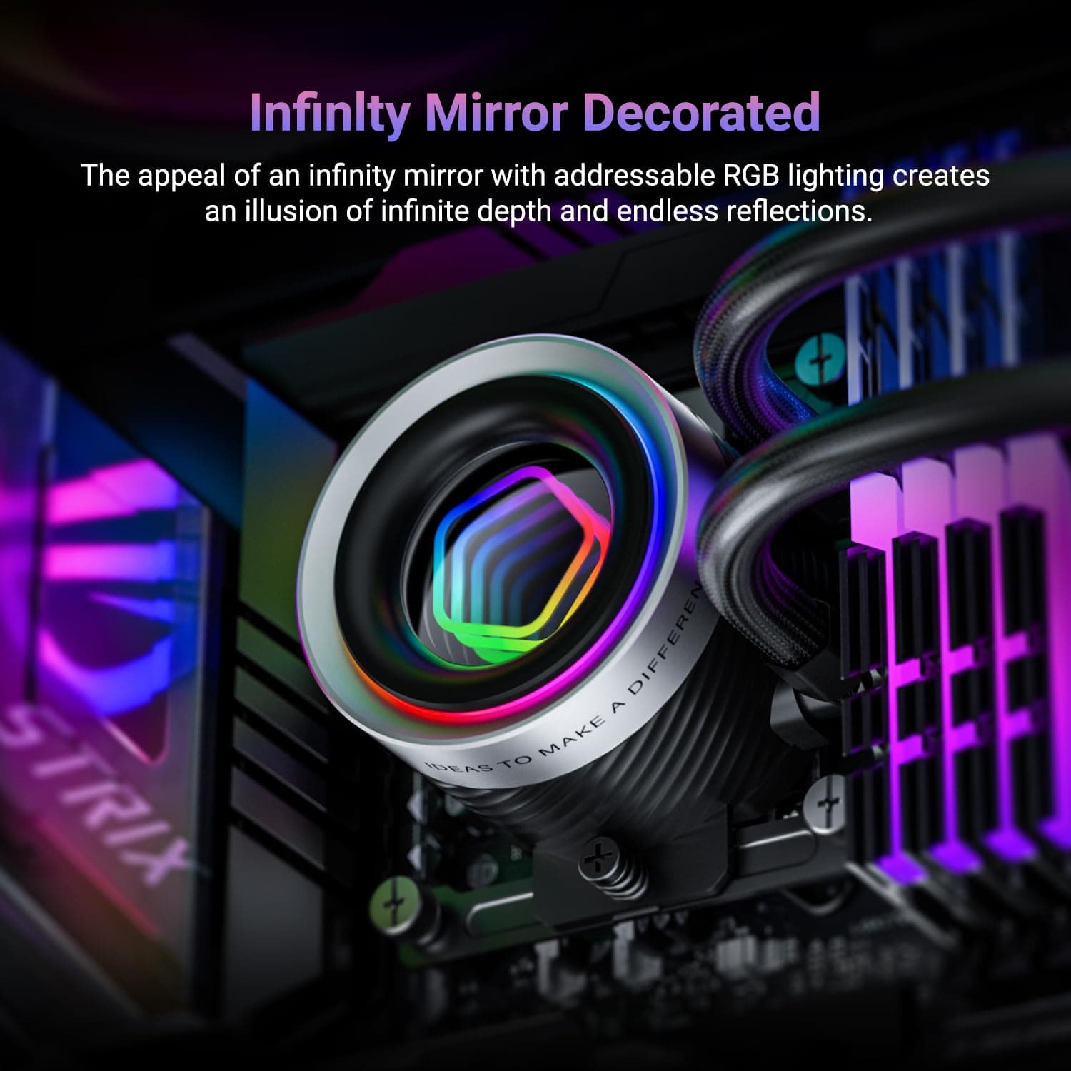 ID-COOLING FX240 INF 240mm Flüssigkeits-CPU-Kühler, AIO mit ARGB-Infinity-Spiegel-Effekt, 2x120mm Daisy-Chained Lüfter, leiser Betrieb bis 27,2 dB(A), Intel LGA1851/1700/1200/115X & AMD AM5/AM4. Bild 3