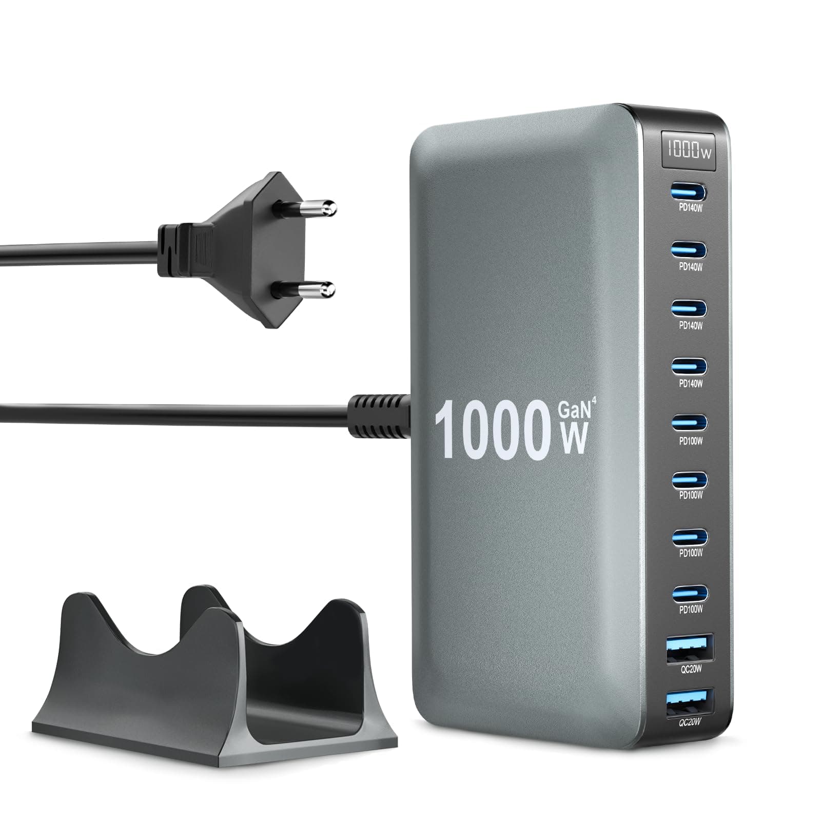 1000W USB C Ladegerät GaN4 10-Ports Desktop Ladestation PD Charger 140W Schnellladegerät mehrfach unterstützt PPS kompatibel mit MacBook Pro/Air, iPhone Serien, Galaxy Serien usw