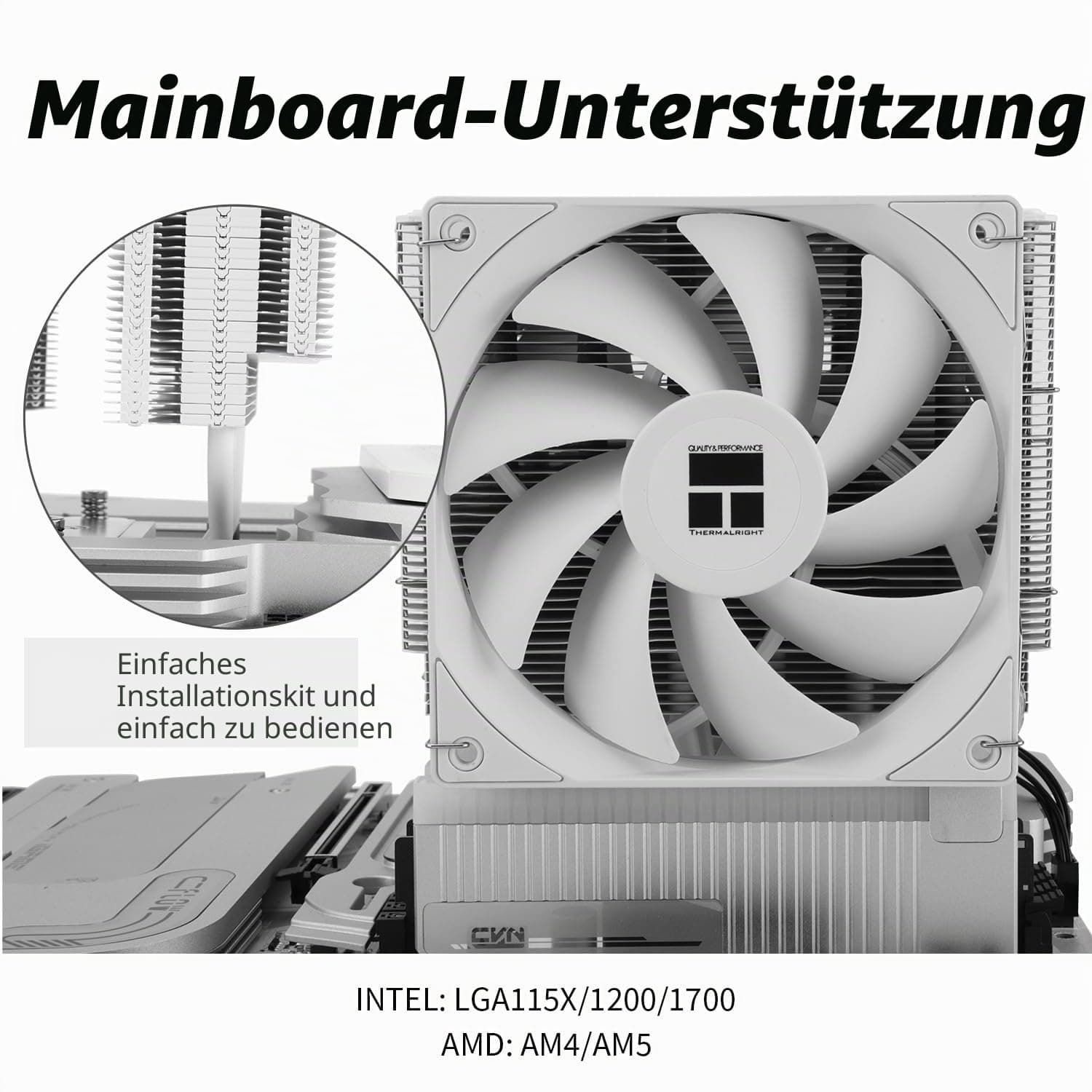 TR Peerless Assassin 140 Weiß, 6 Heatpipes, zwei PWM Lüfter und zwei Turme, 158 mm hohe CPU-Kühlung mit oberer Abdeckung, für AM4/AM5 und Intel LGA1851/1700/115X/1200 WHITE Bild 7