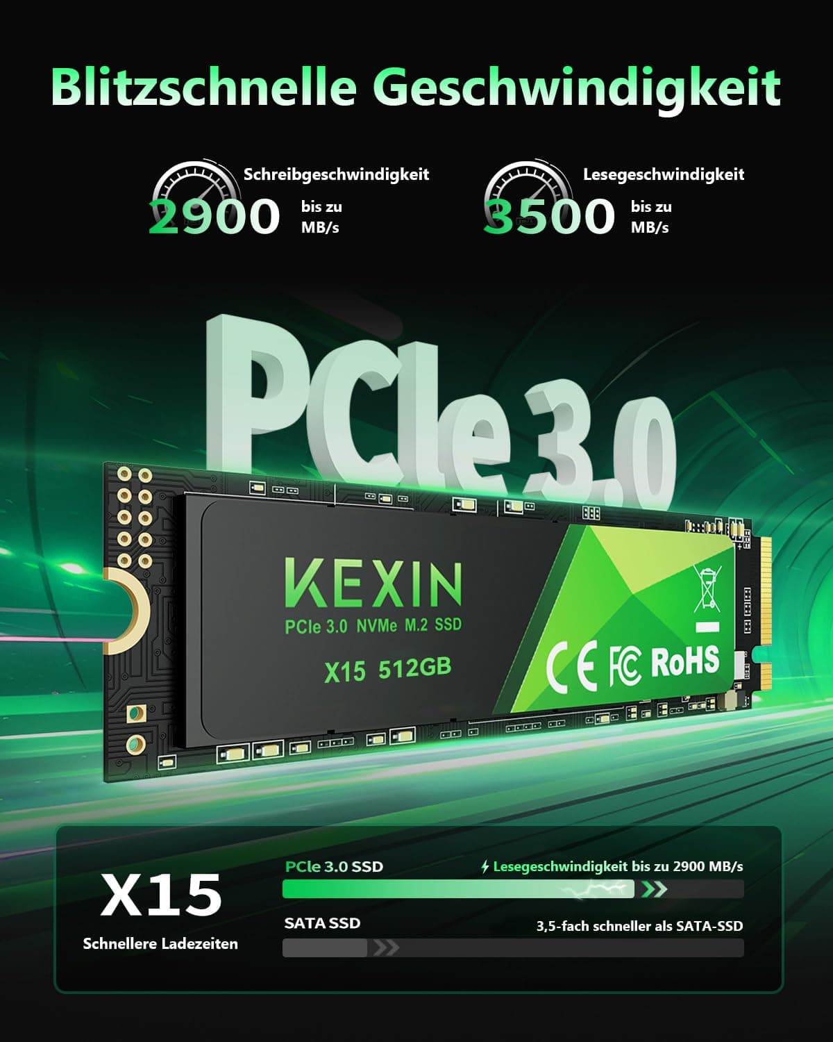 KEXIN 512GB NVMe M.2 2280 SSD PCIe 3.0, bis zu 3400 MB/s Lesen, 2900 MB/s Schreiben, 3D-NAND-Flash, Internes Solid State Drive PC-Enthusiasten und Gamer Bild 2