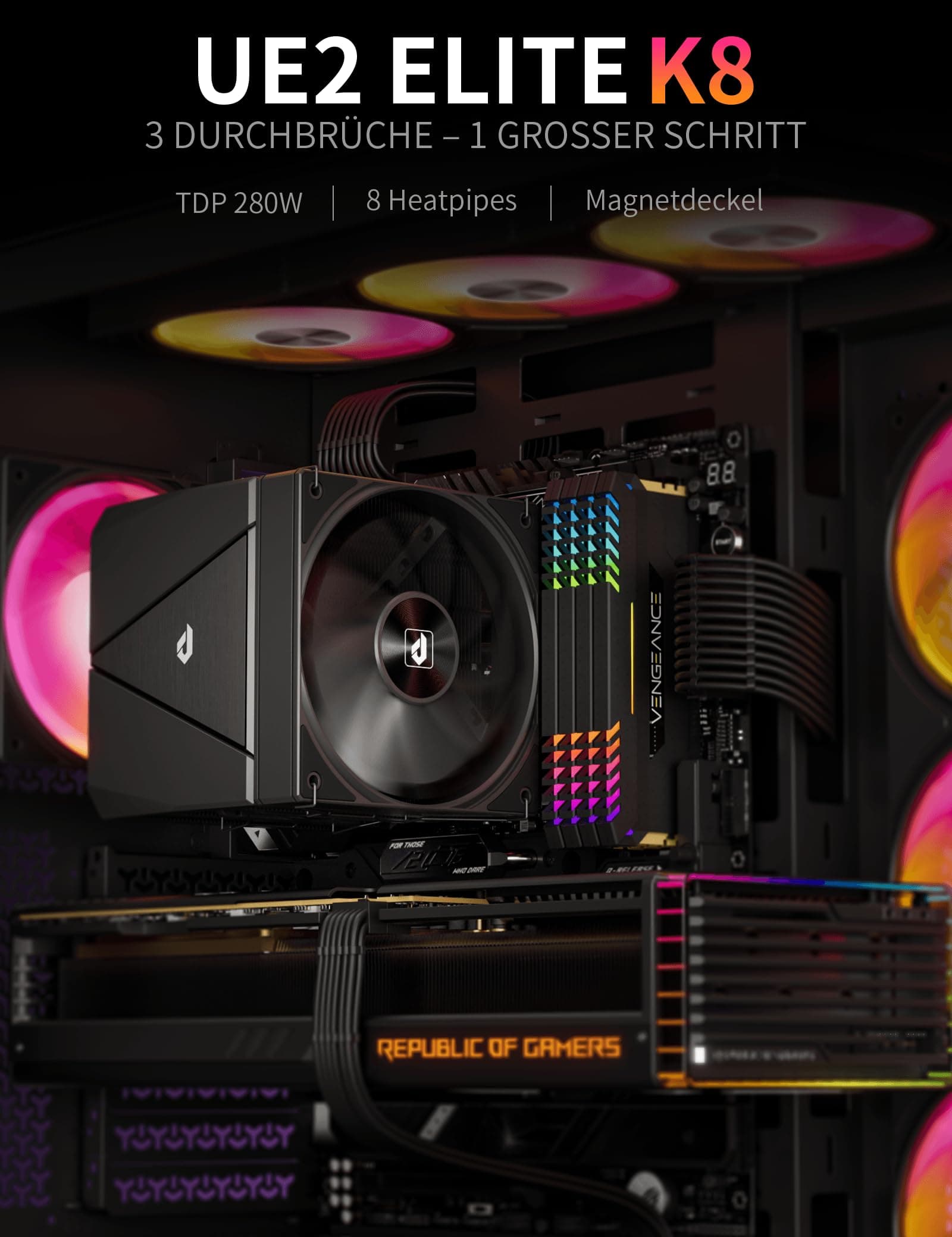 upHere UE2 Elite T8 CPU Kühler 120mm,Dual-Tower mit 8 Heatpipes,TDP 280W,Prozessorlüfter für AM5/AM4/AM3 Intel 1851/1700/115x/1200,Leiser PC Kühler UE2 Elite T8-Weiß Bild 4