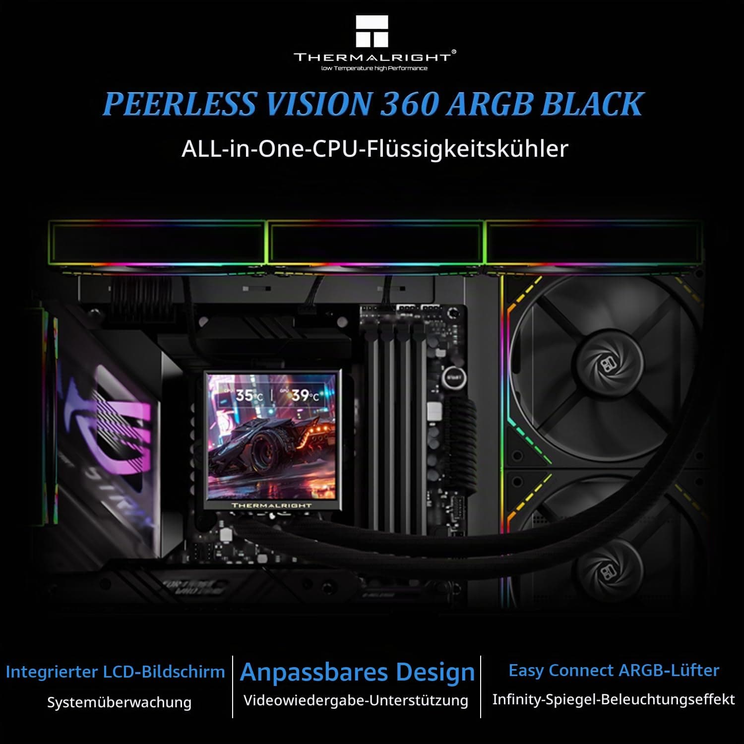 TR Peerless Vision 360 ARGB Black CPU-Wasserkühler,3 PWM-Lüfter-Wireless-Spleißen, IPS-LCD-Bildschirm mit 480x480 Auflösung-3,95-Zoll, für Intel LGA1851/1700,AM4/AM5, CPU-Flüssigkeitskühler Bild 3