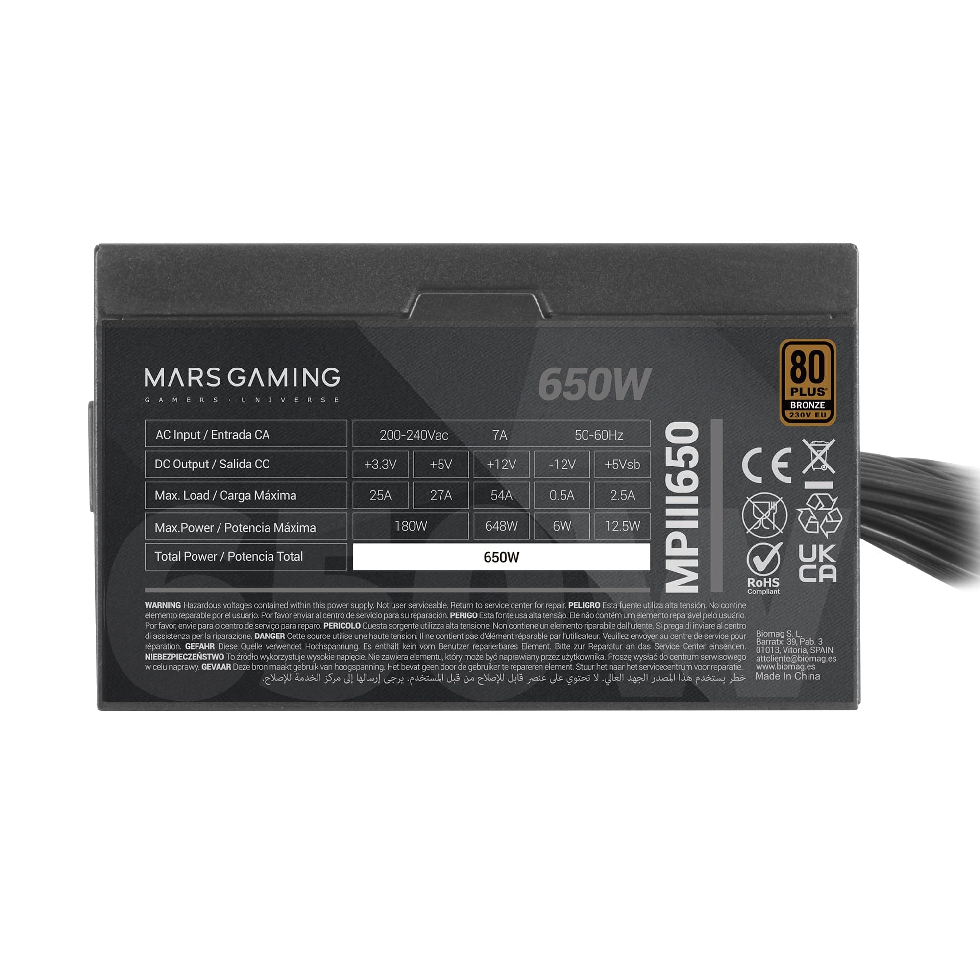 Mars Gaming MPIII650, PC ATX 650W Netzteil, 5 Jahre Garantie, 85% Wirkungsgrad, Digital APFC System, 120mm AI-RPM FDB Lüfter, DC-DC und SMD Technologien, extra Lange Flachkabel, Schwarz Bild 8