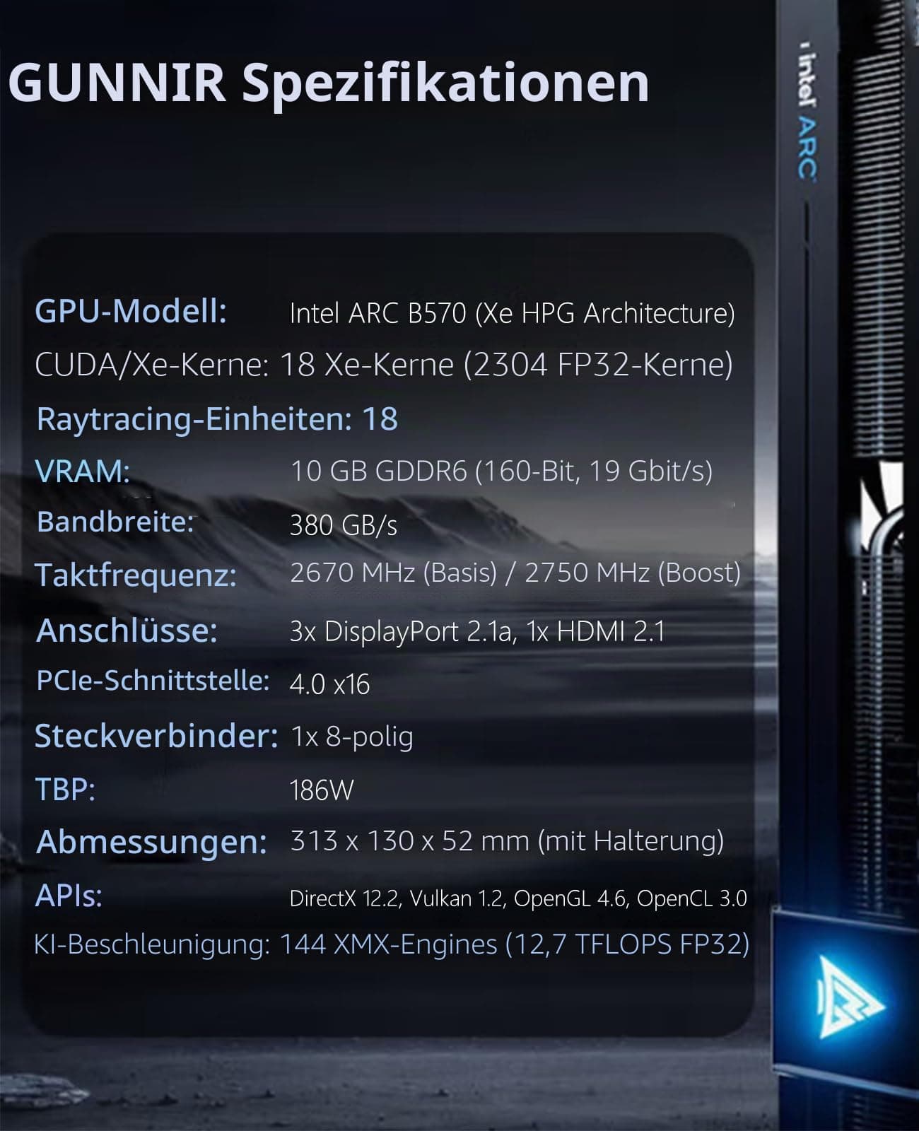 Cutesliving GUNNIR Intel Arc B570 Photon 10GB GDDR6 Grafikkarte, 2670MHz Boost (3X DP 2.1 + HDMI 2.1 | PCIe 4.0 x16) Triple-Fan Cooling, 4K/8K Ready, RTX 4060 Competitor (Weiß) Bild 5