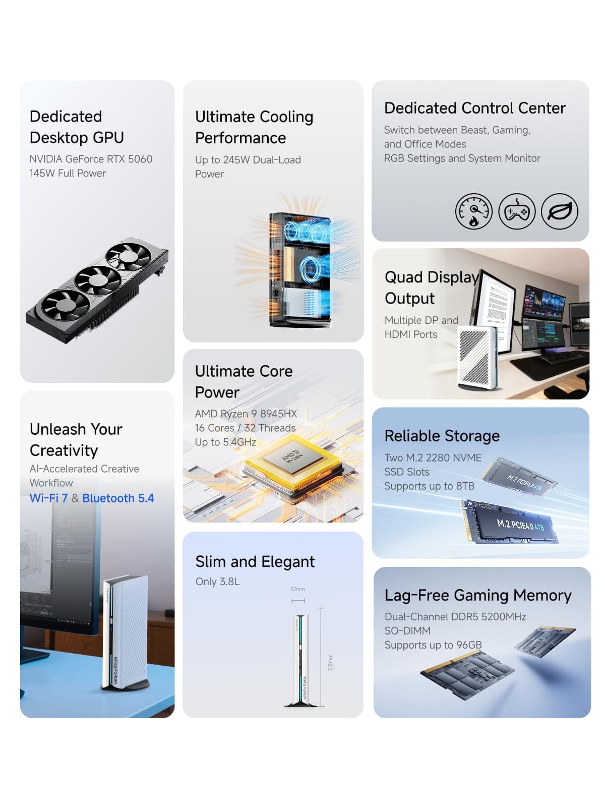 MINIS FORUM G1 Pro Gaming Mini-PC, Ryzen 9 8945HX (16C/32T, bis zu 5,4 GHz), NVIDIA GeForce RTX 5060 8GB GDDR7, 32GB DDR5, 1TB SSD, 5GbE LAN, Wi-Fi 7, Quad 4K, 245W High Performance Desktop G1 Pro 32/1TB Bild 8