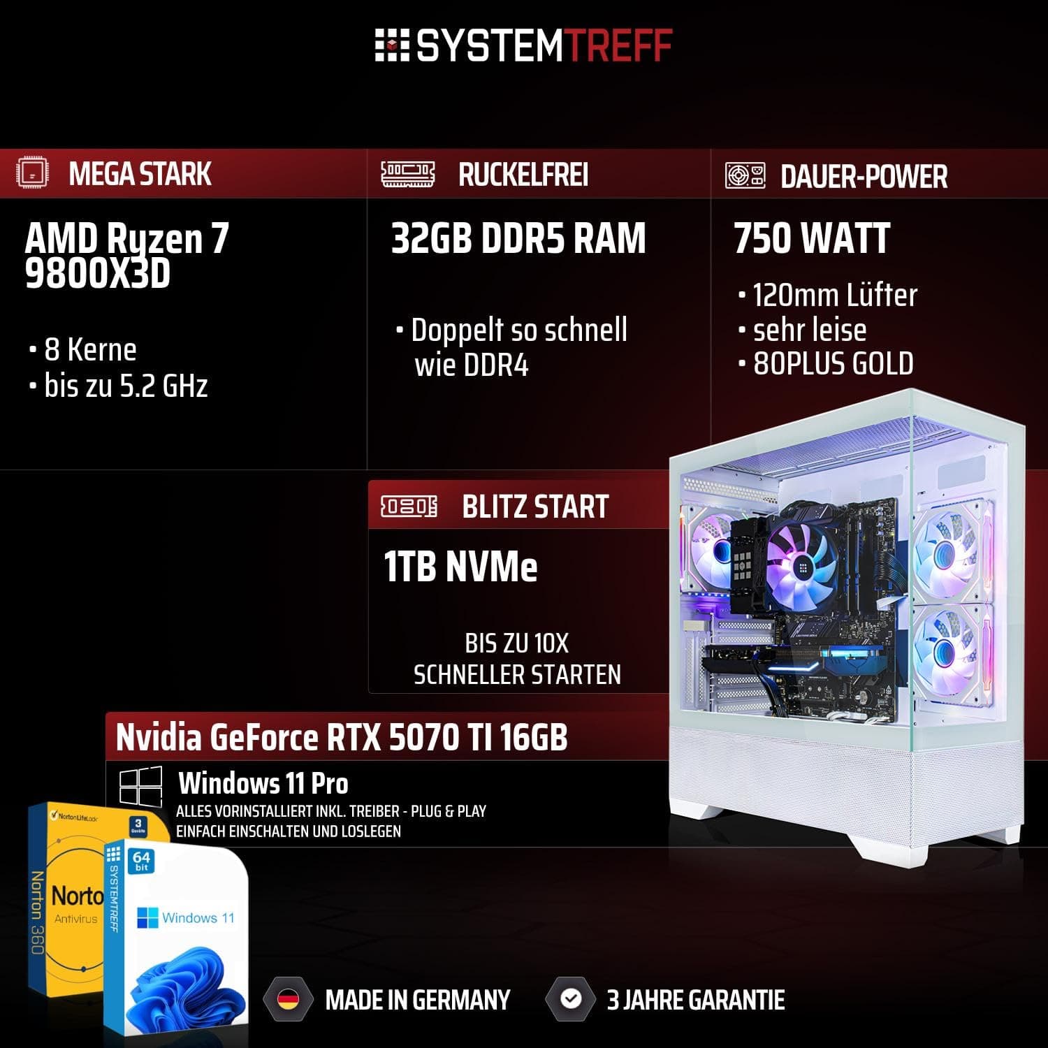 SYSTEMTREFF High-End Gaming PC weiß AMD Ryzen 7 9800X3D 8x5.2GHz | Nvidia RTX 5070 TI 16GB | 1TB M.2 NVMe | 32GB DDR5 RAM | Windows 11 | Desktop Computer Rechner für Gamer, Zocker & Streamer Bild 2