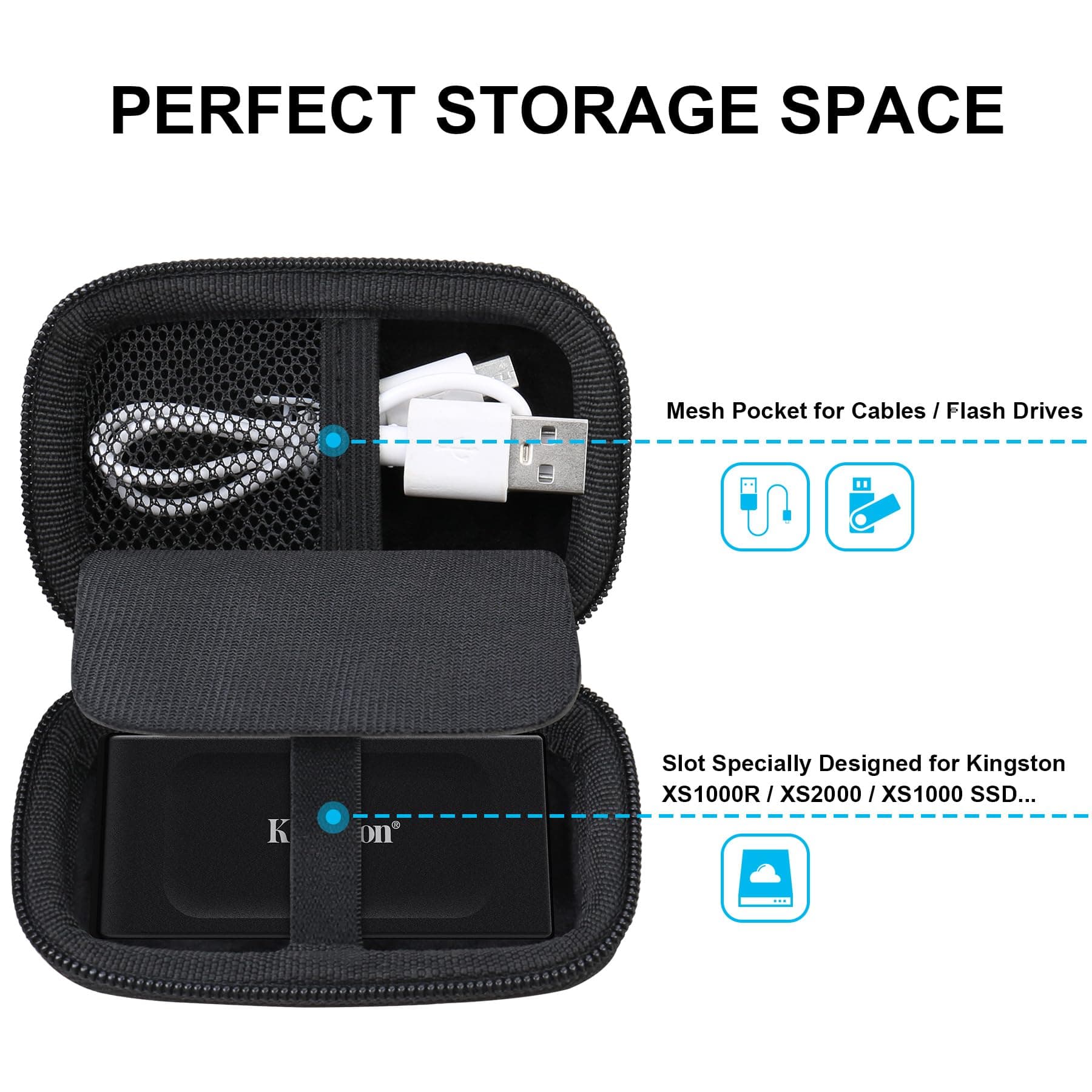 Lacdo Festplattentasche Hartschalentasche für Kingston XS1000 / XS2000 / XS1000R SSD 500GB 1TB 2TB Portable Tragbares Externes Solid-State-Laufwerk USB 3.2 Eva Stoßfest Aufbewahrungstasche, Schwarz Bild 3