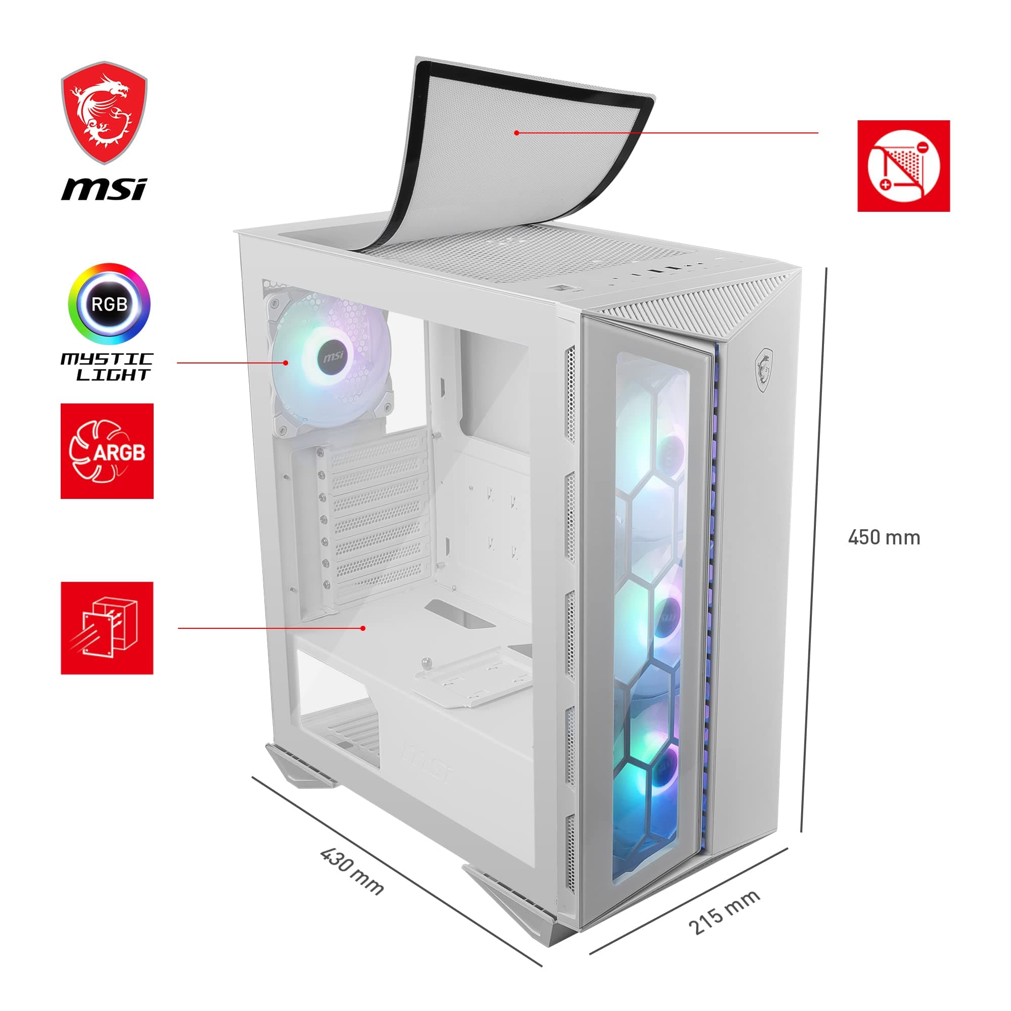 MSI MPG GUNGNIR 110R White Mid-Tower PC Gehäuse - Gehärtetes Glas, unterstützt ATX, M-ATX, Mini-ITX, 4X 120mm ARGB Lüfter Hub Controller, magnetischer Staubfilter, USB 3.2 Gen 2x2 Typ-C, Gen 1 Typ-A Bild 5