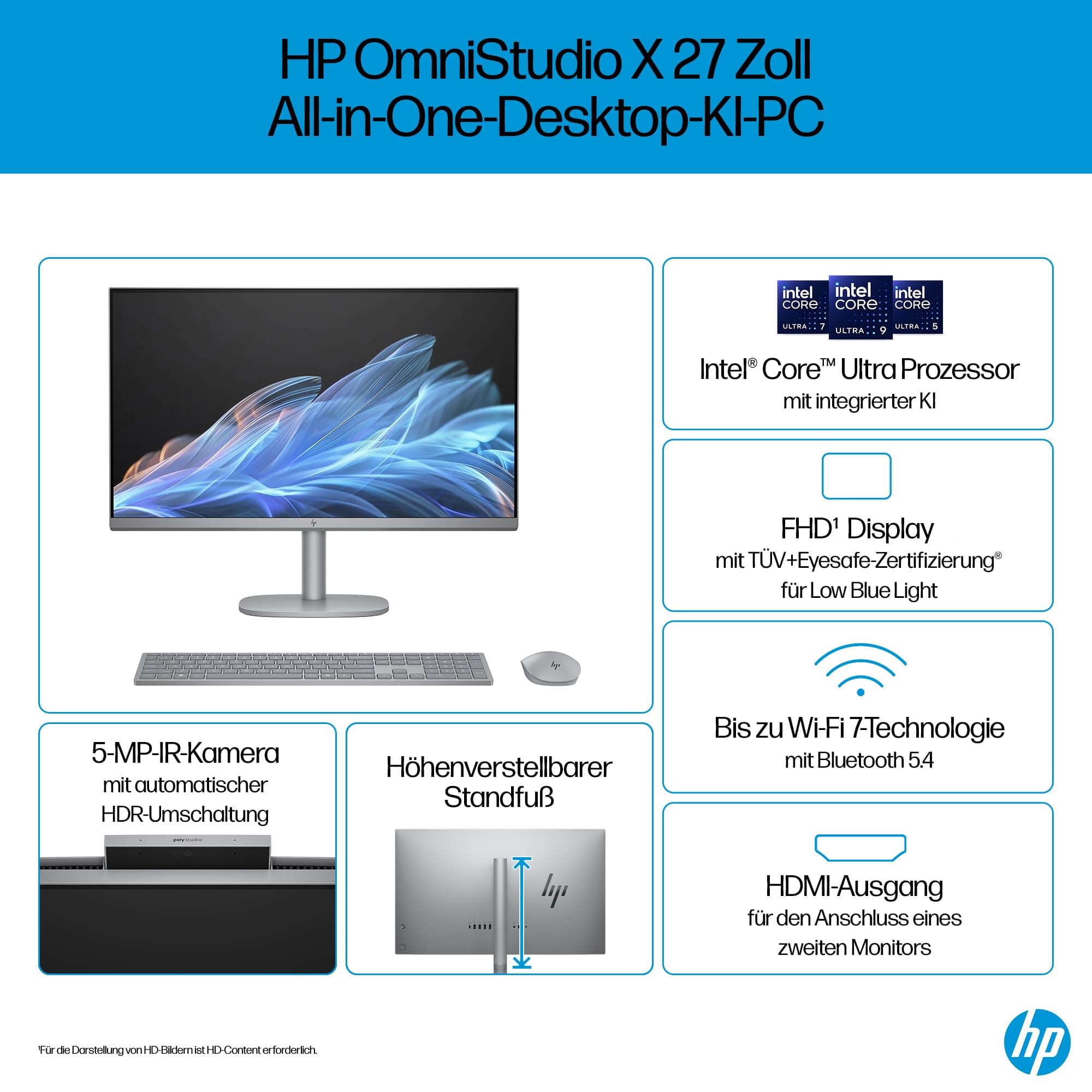 HP OmniStudio X 27-cs0273ng All-in-One KI PC, 27 Zoll Entspiegeltes FHD-Display, Intel Core Ultra 7 155H, 16 GB DDR5-SDRAM, 1 TB SSD, Intel Arc Graphics, Windows 11 Home, QWERTZ Tastatur, Silber Intel Core Ultra 7 155H 27 Zoll FHD Intel Arc Graphics Bild 2