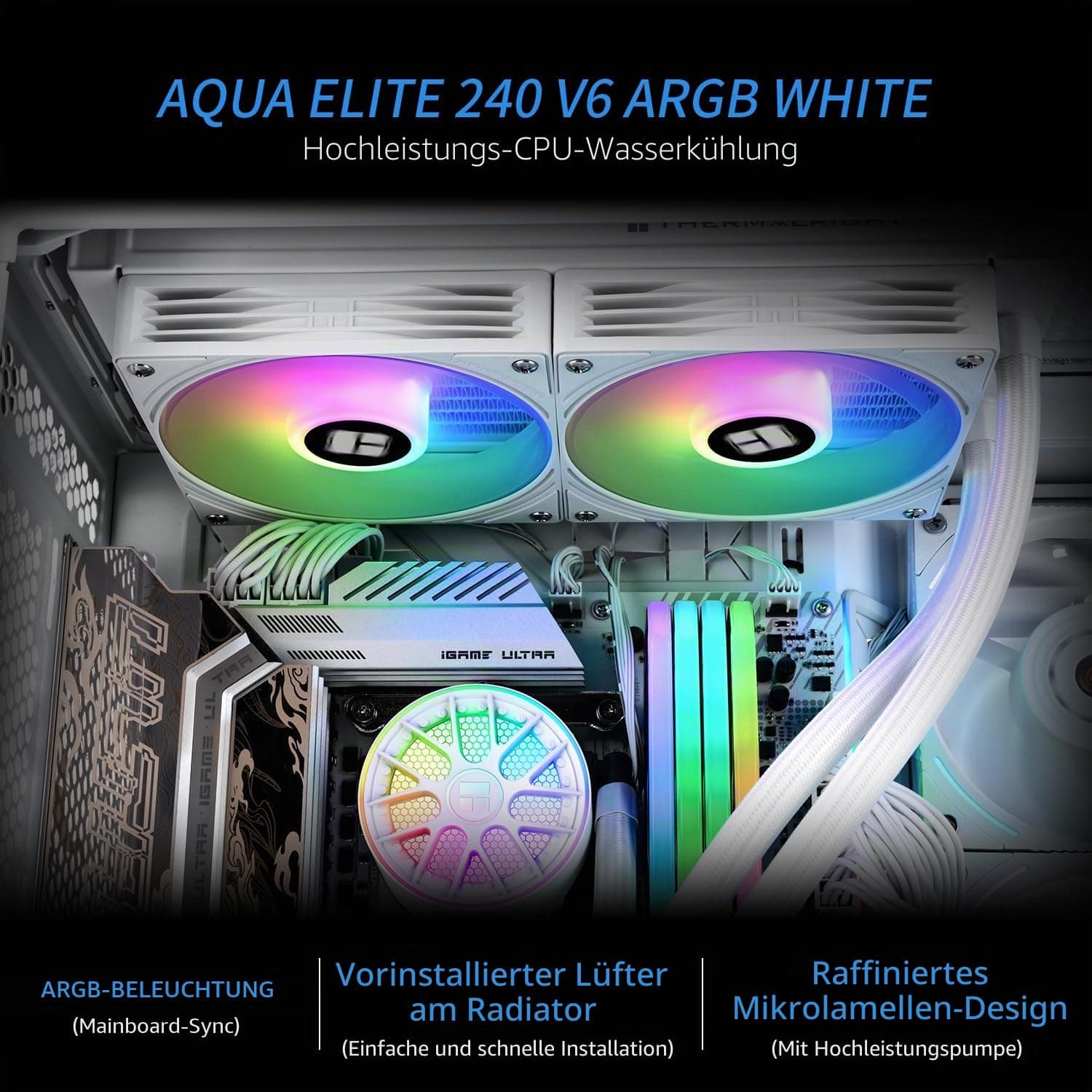 TR -AQUA ELITE 240 V6 ARGB weiß CPU-Flüssigkeitskühler, effiziente Pumpe, PWM-gesteuert, für AM4/AM5, Intel LGA1150/1151/1200/2011/1851/1700, integrierter Kühler, wassergekühlt, Weiß 240mm 240-white Bild 3