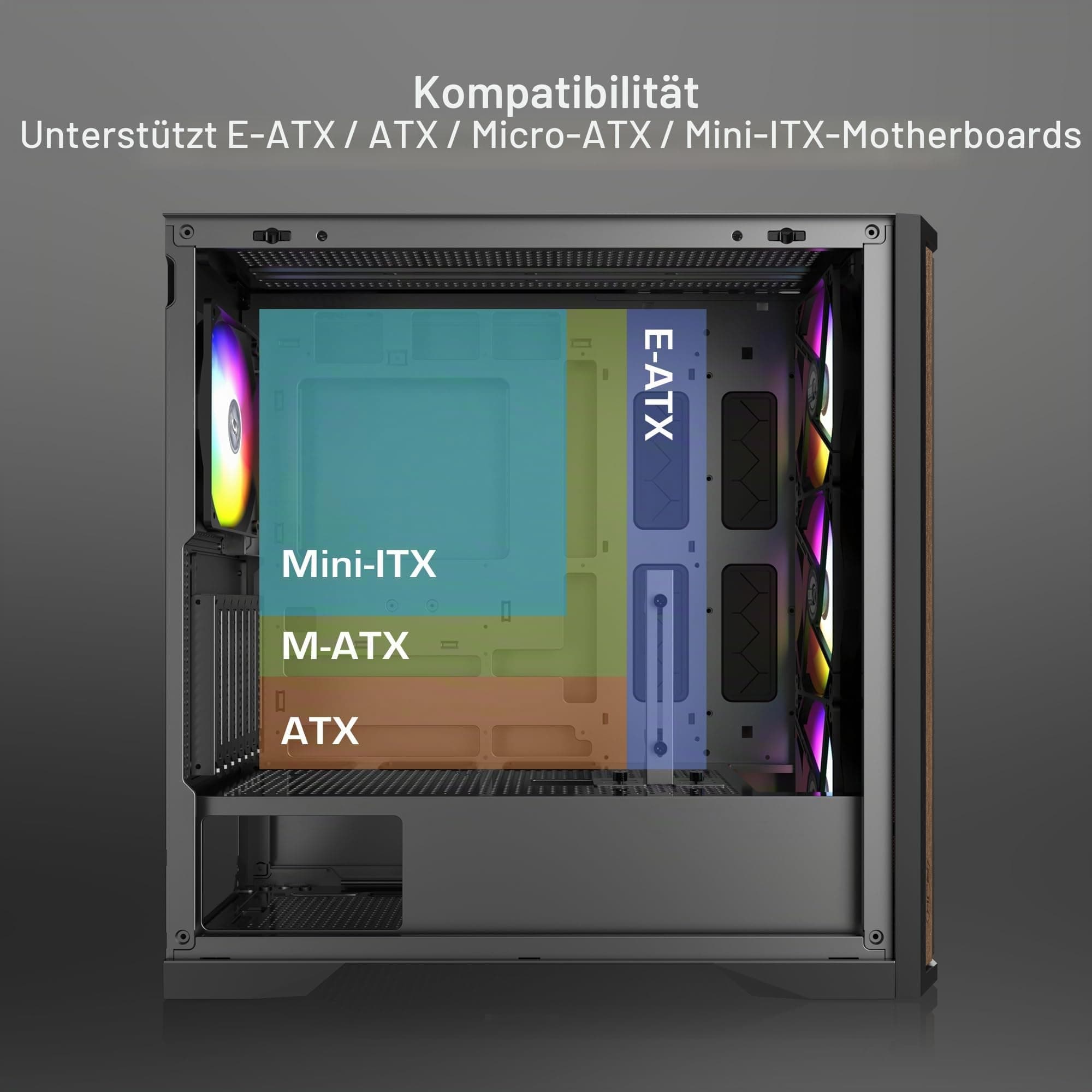 RAIJINTEK AGOS MAX Weiß Mid-Tower PC Gehäuse, Gehärtetes Glas, Holzmaserung Frontpanel, Bewegliche GPU-Halterung, 140mm Lüfter hinten, E-ATX/ATX/M-ATX/Mini-ITX kompatibel 1 Lüfter Weiß Bild 7