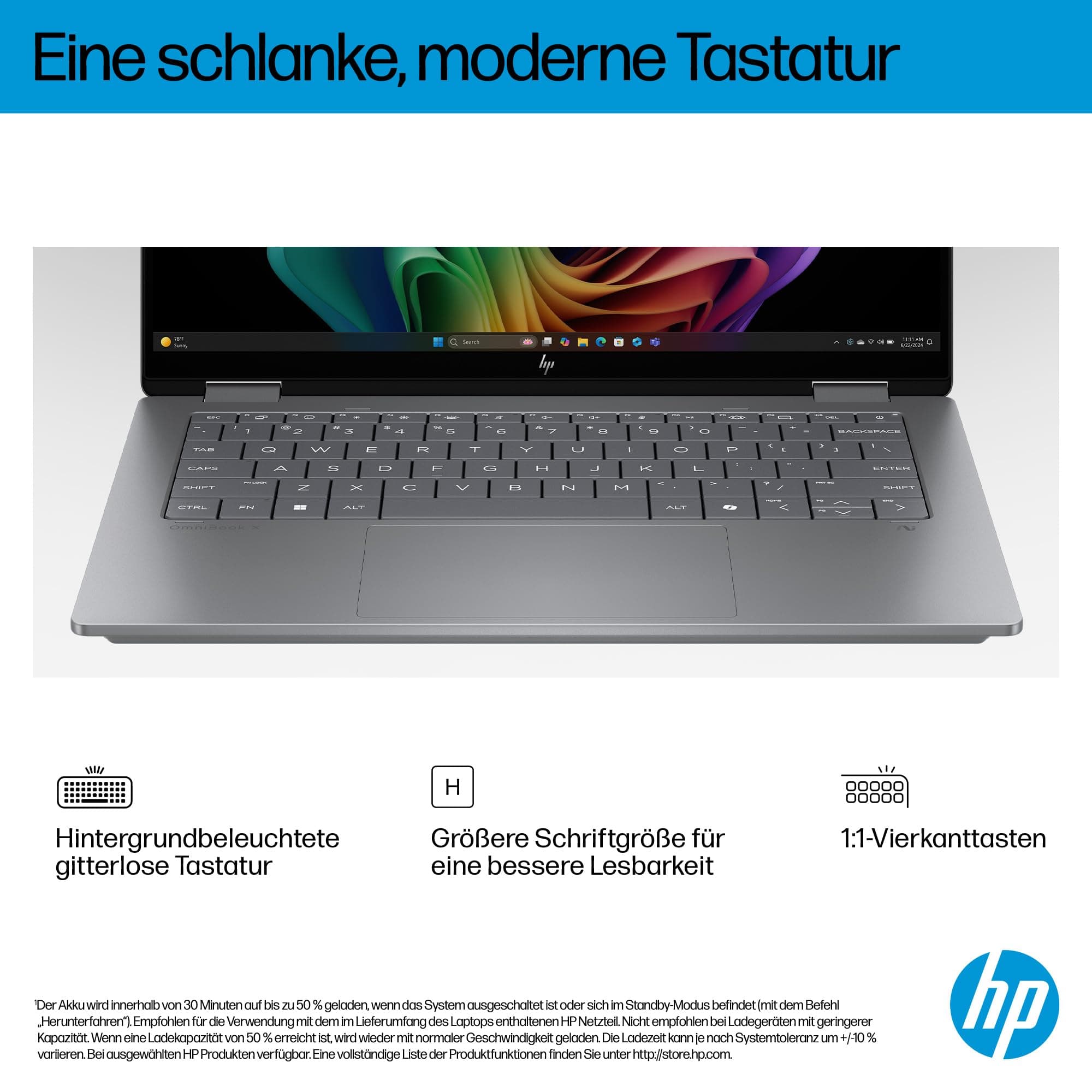 HP OmniBook X Flip 2-in-1 Laptop (14" 2K Touchscreen, AMD Ryzen AI 7, Copilot+, 16GB RAM, 512GB, Win11, QWERTZ) - Silber AMD Ryzen AI 7 350 512 GB SSD Bild 5