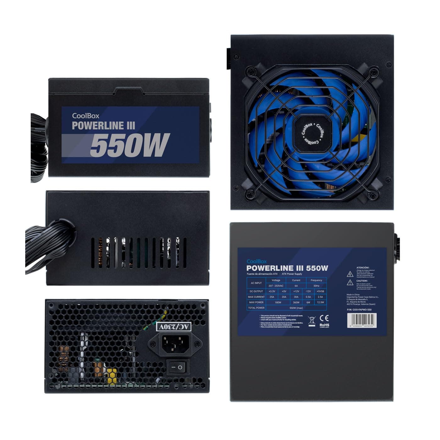 CoolBox Powerline 3 PC-Netzteil 550 W, ATX, 85 % Effizienz, ultra-leiser Lüfter 12 cm, SMD- und DC-DC-Technologie, Emi-Filter, lange Flachkabel, Schwarz Bild 5