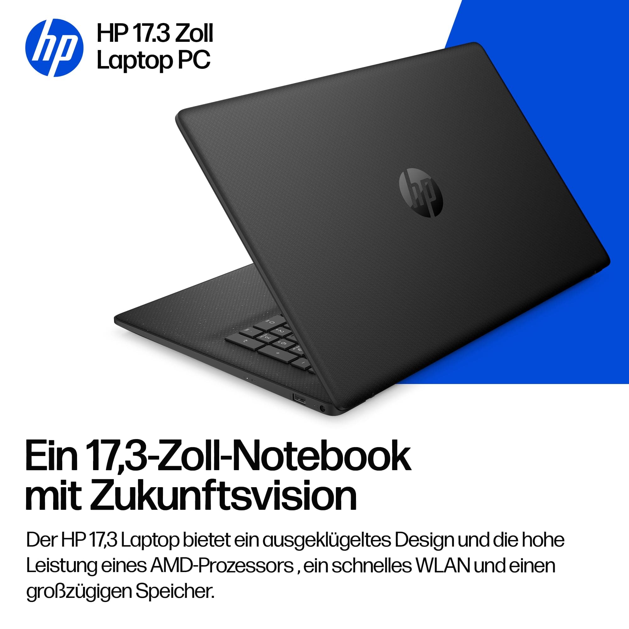 HP Laptop mit 17,3" FHD Display, AMD Ryzen 3 7320U, 8 GB DDR5 RAM, 512 GB SSD, AMD Radeon Grafik, Windows 11, QWERTZ, Schwarz inkl. 25 GB Dropbox-Speicher für 12 Monate AMD Ryzen 3 7320U + 8 GB DDR5 RAM + 512 GB SSD Copilot Keyboard Schwarz Bild 3