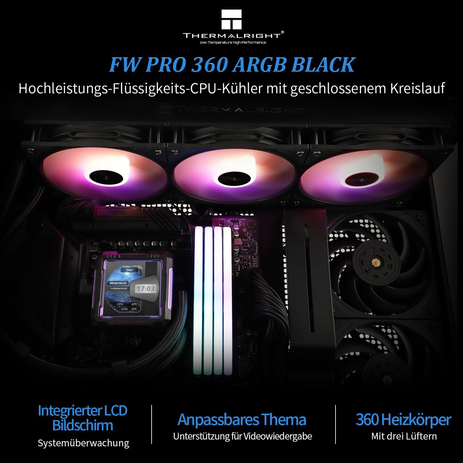 Thermalright FW PRO 360 ARGB Schwarz-360mm AIO CPU-Flüssigkeitskühler, 2.73 zoll IPS LCD-Bildschirm mit 320 * 320 Auflösung, für AM4/AM5/Intel LGA1700/1851/115X/1200 FW PRO 360 ARGB BLACK Bild 3