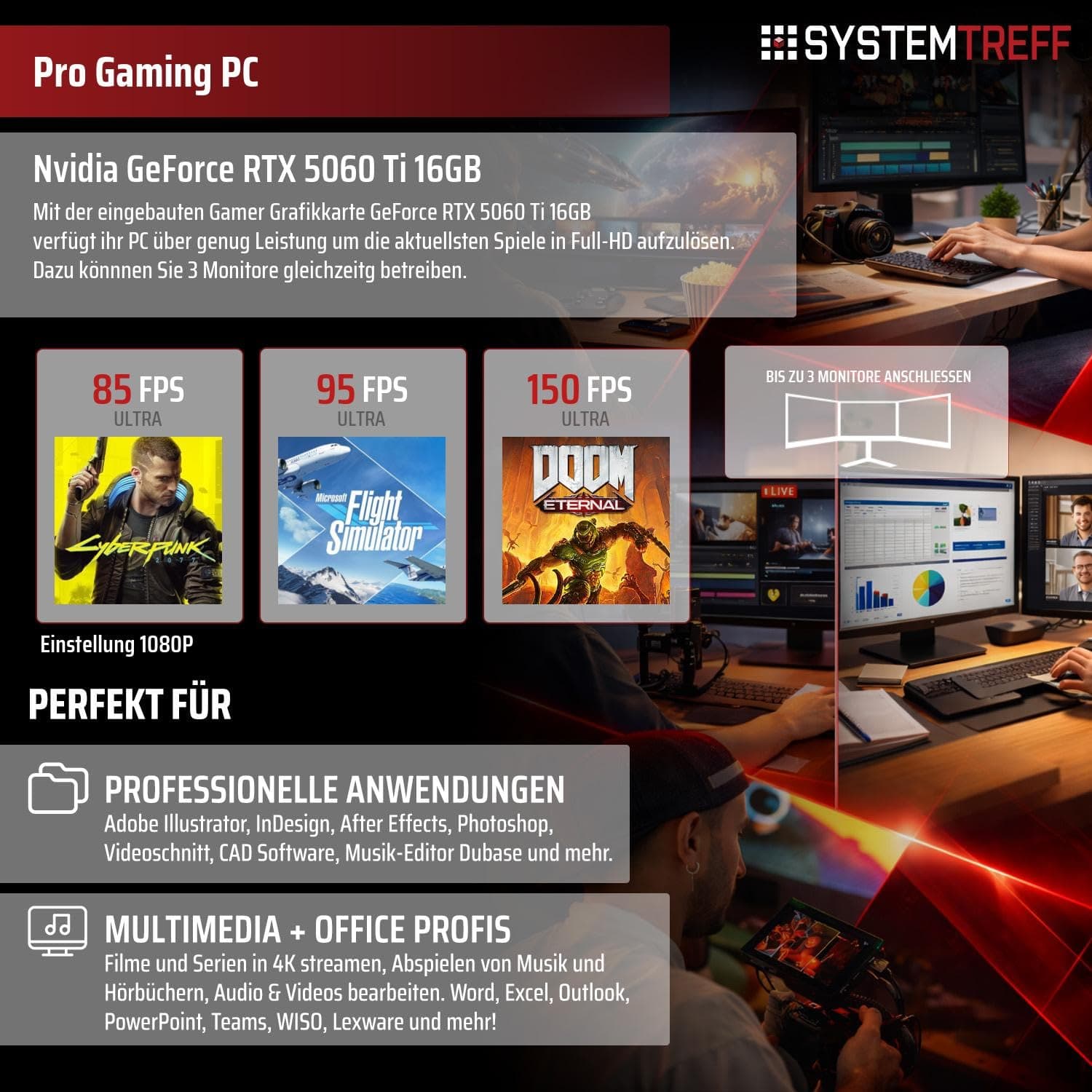 SYSTEMTREFF Gaming PC AMD Ryzen 5 9500F 6x5GHz | Nvidia RTX 5060 Ti 16GB DX12 | 1TB M.2 NVMe | 16GB DDR5 RAM | Windows 11 | WLAN Desktop Computer Rechner für Gamer, Zocker & Streamer Bild 5