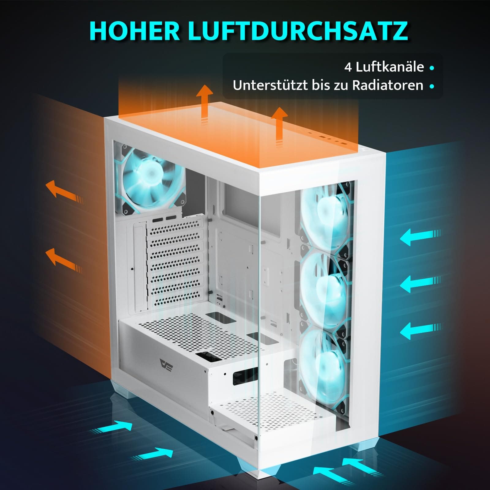 darkFlash ATX Mid-Tower PC-Gehäuse, vorinstallierte 4 PWM ARGB-Lüfter, Gaming-PC-Gehäuse mit doppelter Sichtscheibe gehärtetem Glas, Typ-C, unterstützt Wasserkühlungsradiatoren 360mm, Weiß (DS900) Weiß(4 ARGB PWM Lüfter) Bild 5
