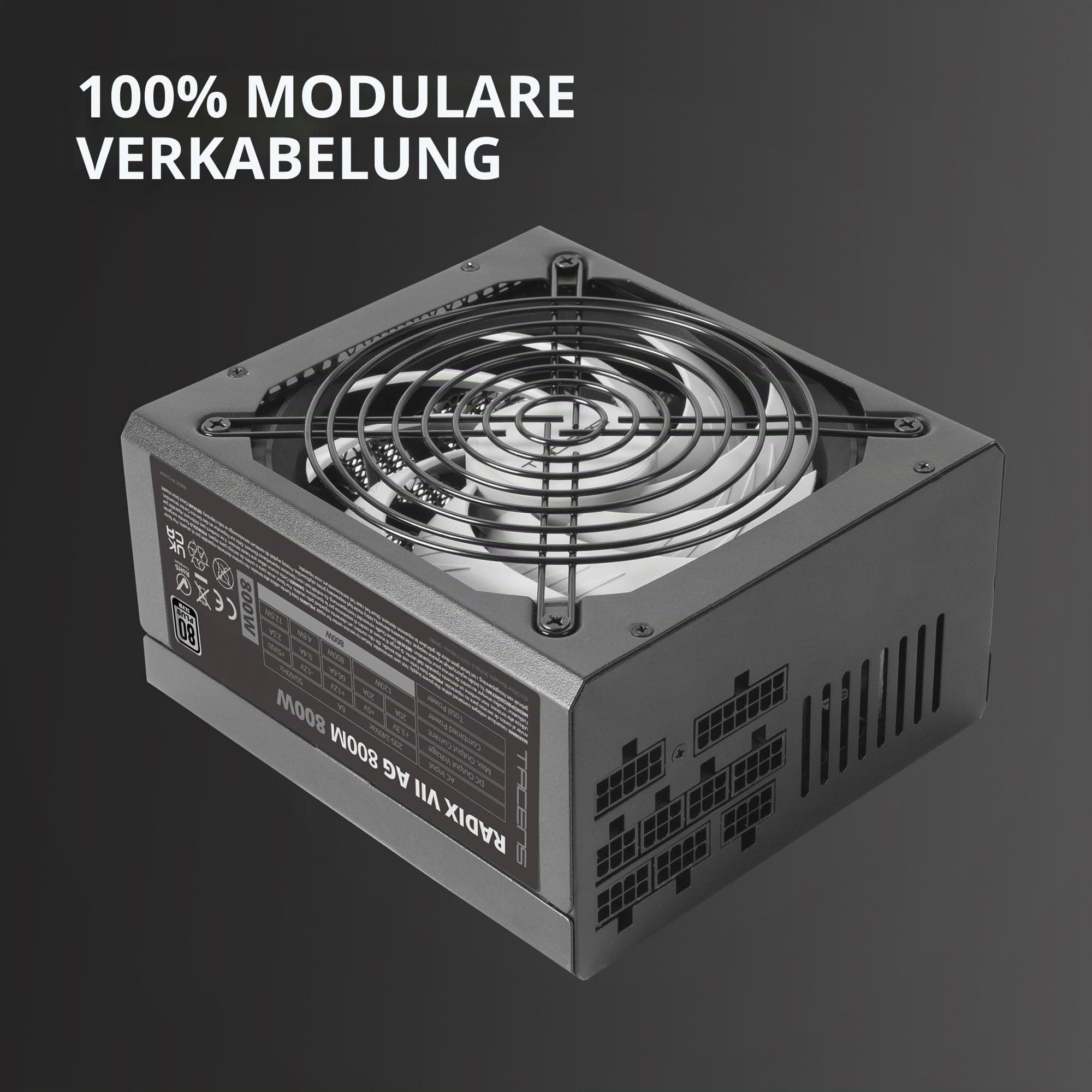 Tacens Radix VII AG 800, Vollmodulares 800W ATX-Netzteil, 10 Jahre Garantie, 80Plus Silver, +87% Wirkungsgrad, 140mm FDB-Lüfter mit AI-RPM Technologie, Japanische-Kondensatoren 105º, Schwarz Bild 5