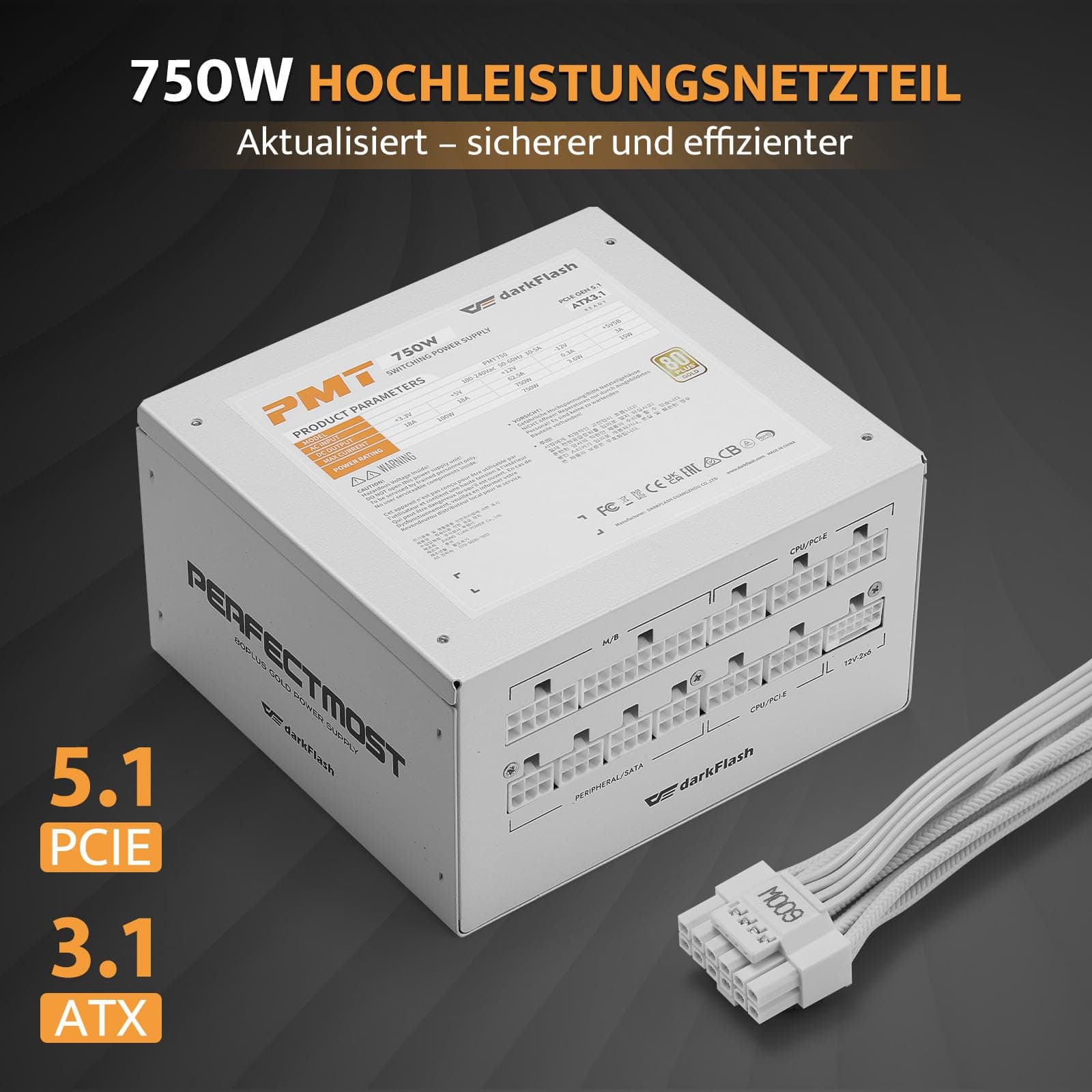 darkFlash PMT750 Vollmodulares ATX 3.1-Netzteil, 80 Plus Gold Effizienz, PCIe 5.1 & 12VHPWR-Unterstützung, 100% Japanische 105°C-Kondensatoren, Kompakte 150-mm-Bauweise (Weiß) 750 Watts Weiß Bild 3