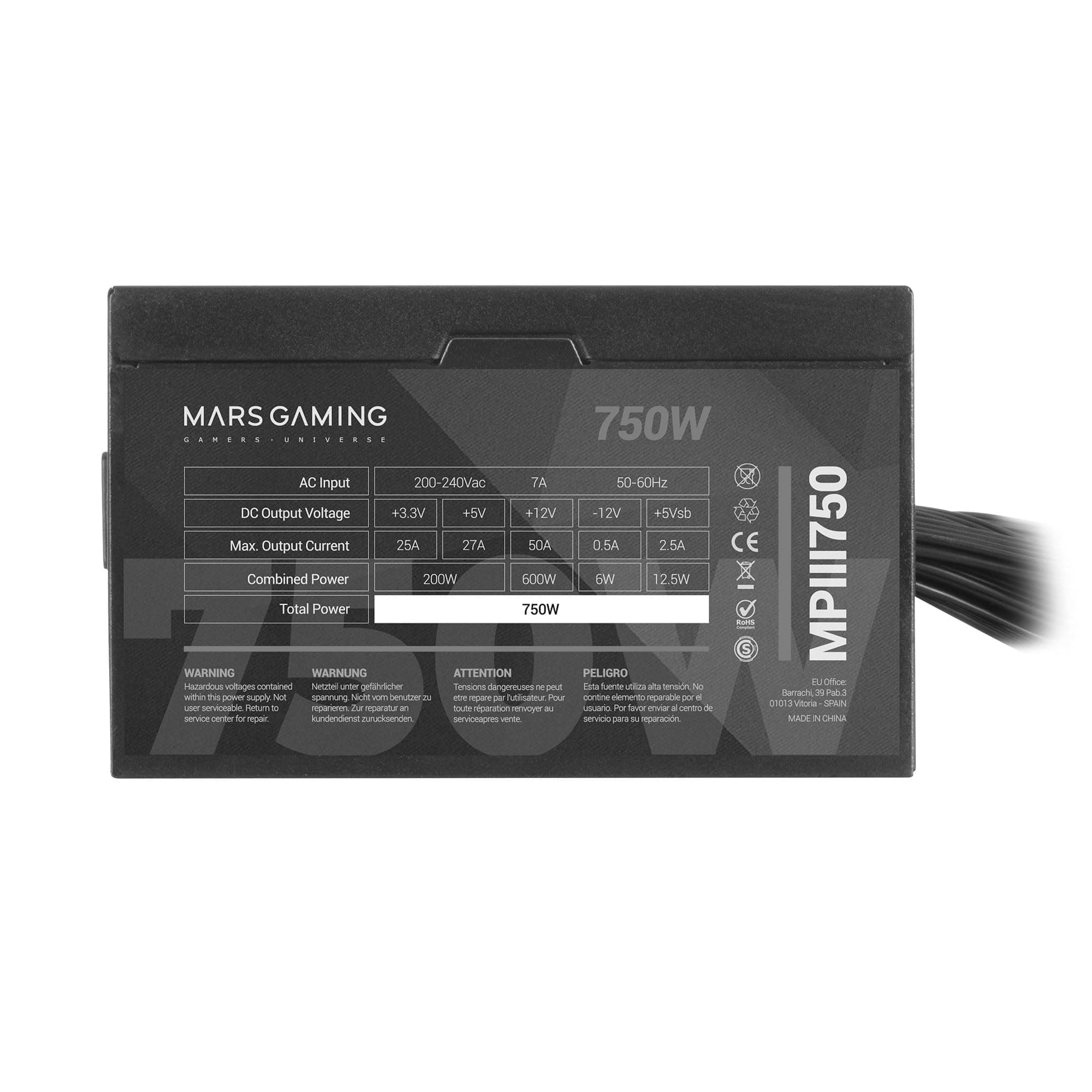 Mars Gaming MPIII750, PC ATX 750W Netzteil, 5 Jahre Garantie, 85% Wirkungsgrad, Digitales APFC System, 120 mm AI-RPM FDB Lüfter, DC und SMD Technologien, Extralange Flachkabel, Schwarz Bild 8