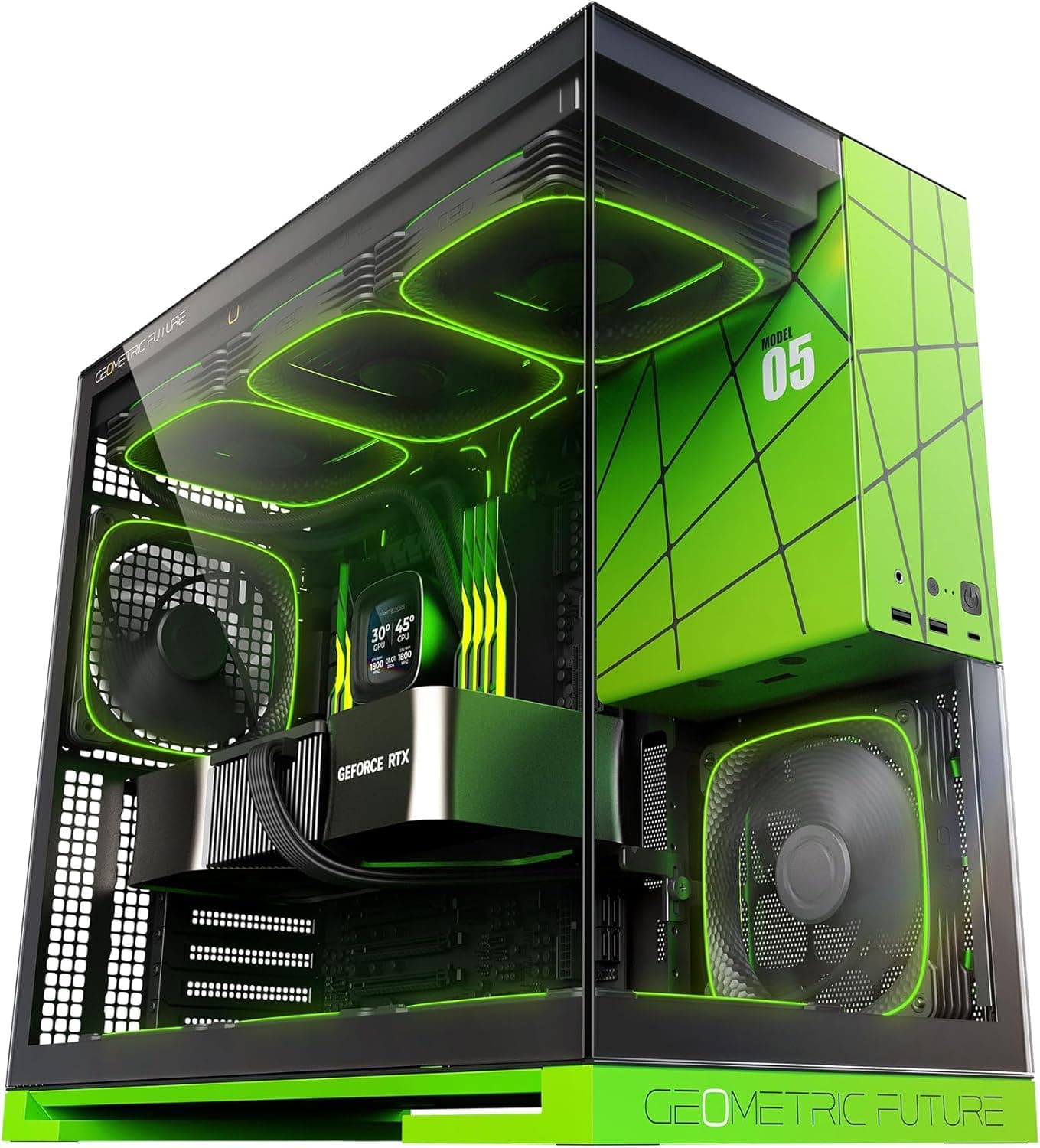 Geometric Future M5 Tempered Glass Mid Tower, E-ATX/ATX Gaming Case, 1.2mm Steel, Type C, Toolless Panels, Support 420/360 Radiator, ARGB PWM 140m Fan x 5 Pre-Installed, Black/Green, GEO-M5F-BNY schwarz/grün Glasver mit 140 x 5 Lüftern
