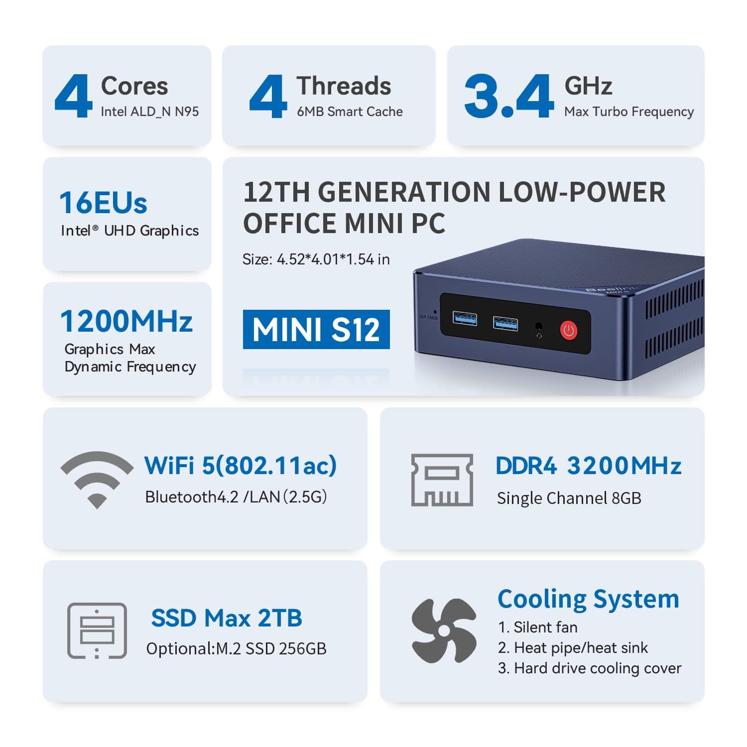 Beelink Mini PC S12, Intel Alder Lake-N95 Prozessor (bis zu 3.40GHz) Mini Computer, 8GB RAM 480GB SSD Office Mini Desktop PC Windows 11 Home, 4K Dual HDMI/WiFi 5/BT4.2/RJ45 2.5G MINI S12/N95/8G/256G Bild 4