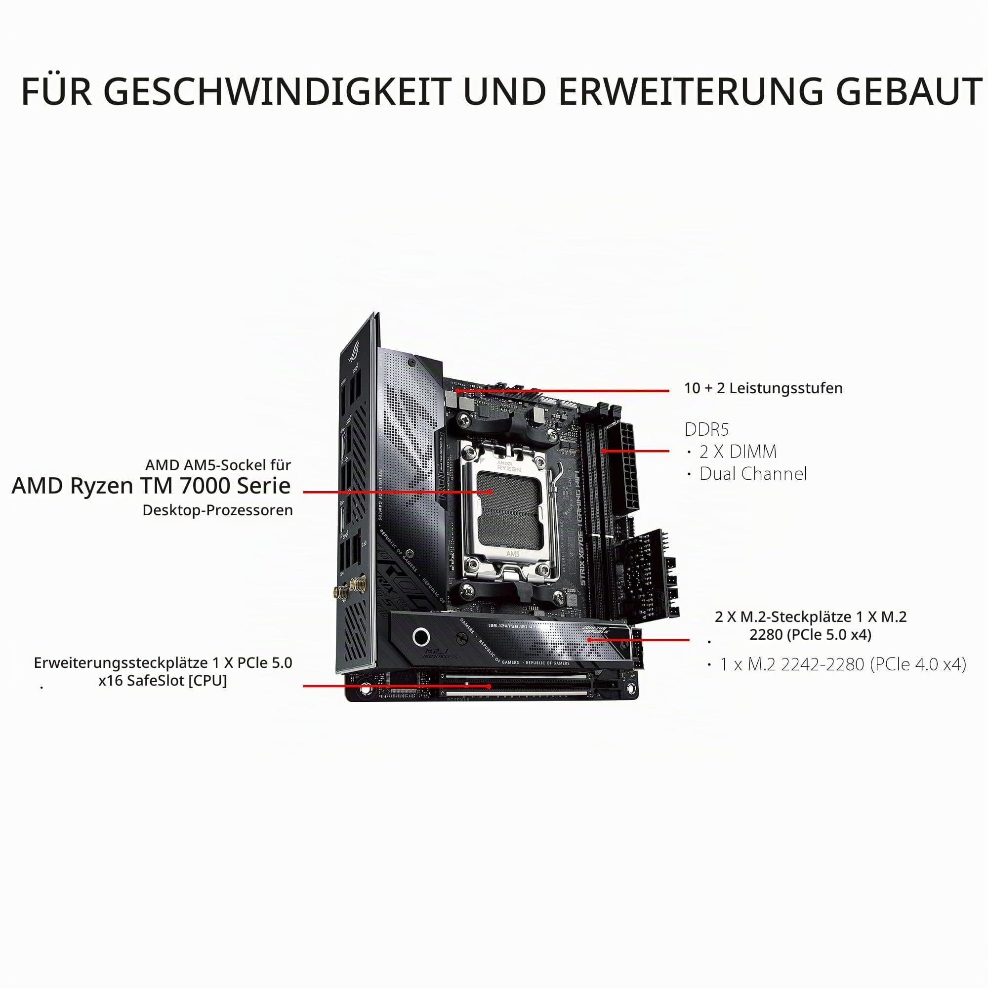 ASUS ROG Strix X670E-I Gaming WiFi Mainboard Sockel AMD AM5 (Ryzen 7000, mini-ITX, DDR5 Speicher, 2X M.2, USB 3.2 Gen 2x2, PCIe 5.0, 2X USB 4, M.2 Backplate, WiFi 6E, Aura Sync) Bild 3
