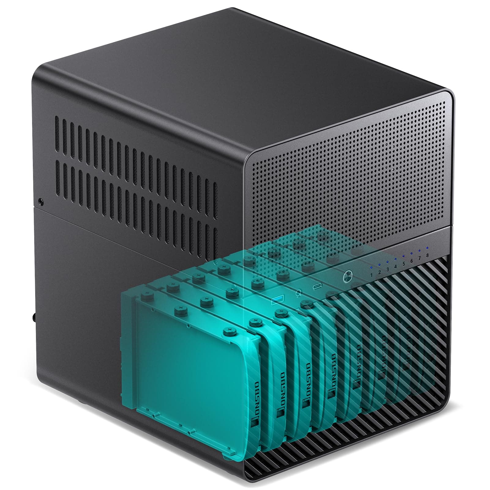 Jonsbo N3 NAS Gehäuse Schwarz – Kompaktes Mini-ITX Aluminium-Case für 8X 3,5" HDDs, Hot-Swap-fähig, 2X 80-mm-Lüfter, SFX-Netzteil, USB-C Bild 2