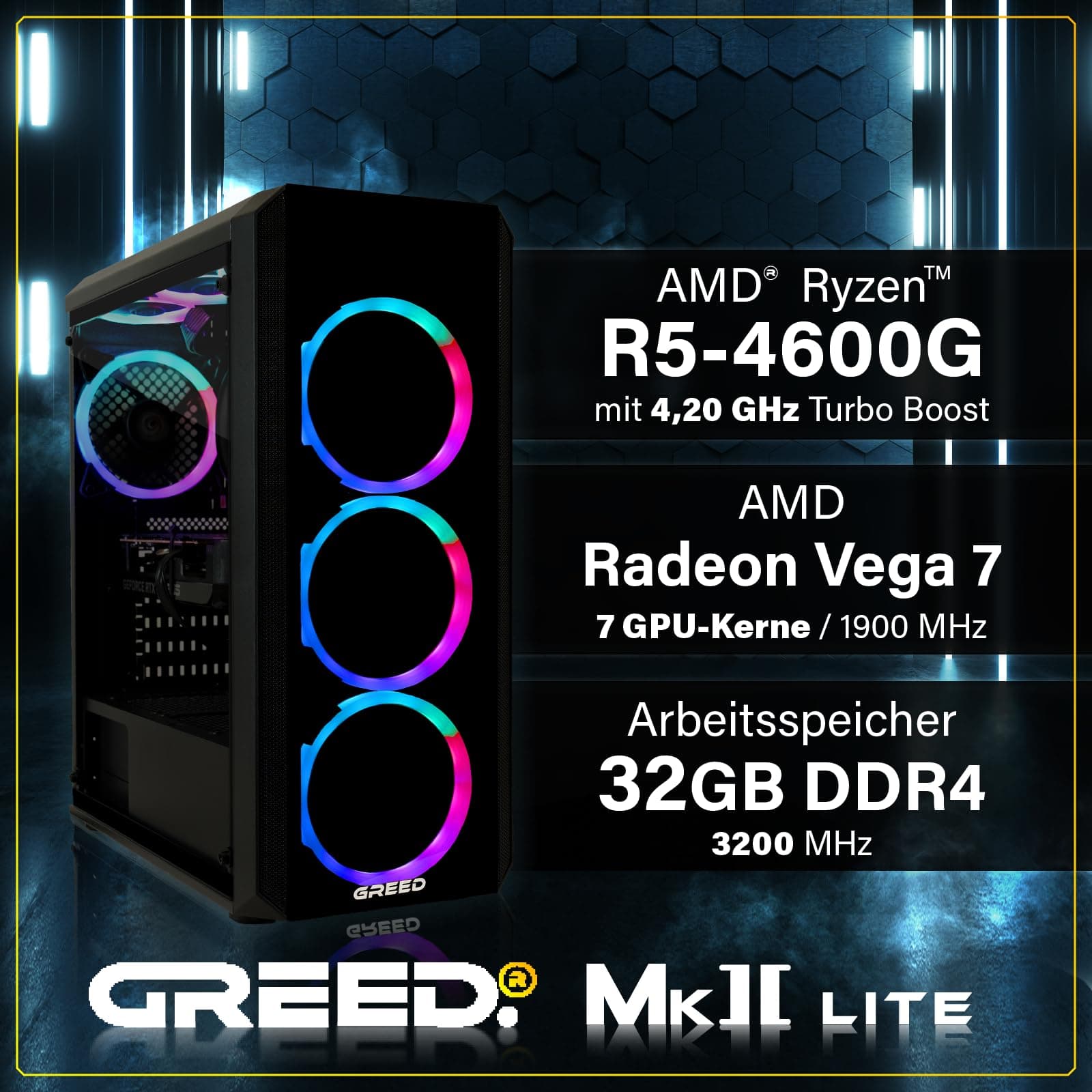 Greed® MK2 Lite - Entry Gaming PC mit AMD Ryzen 5 4600G + Radeon Vega 7 - Ultra Schneller RGB Computer + 4K Raytracing Rechner mit 4,2 GHZ - 32 GB DDR4 RAM - 512 GB SSD - WLAN + W11 Pro MK2 LITE | Entry AMD 32GB Bild 3