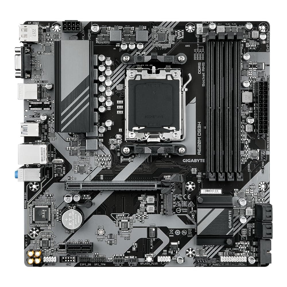 GIGABYTE A620M DS3H Motherboard - Unterstützt AMD Ryzen 8000 CPUs, 5+2+2 Phasen Digital VRM, bis zu 7600MHz DDR5 (OC), 1xPCIe 4.0 M.2, GbE LAN, USB 3.2 Gen 1 Bild 3