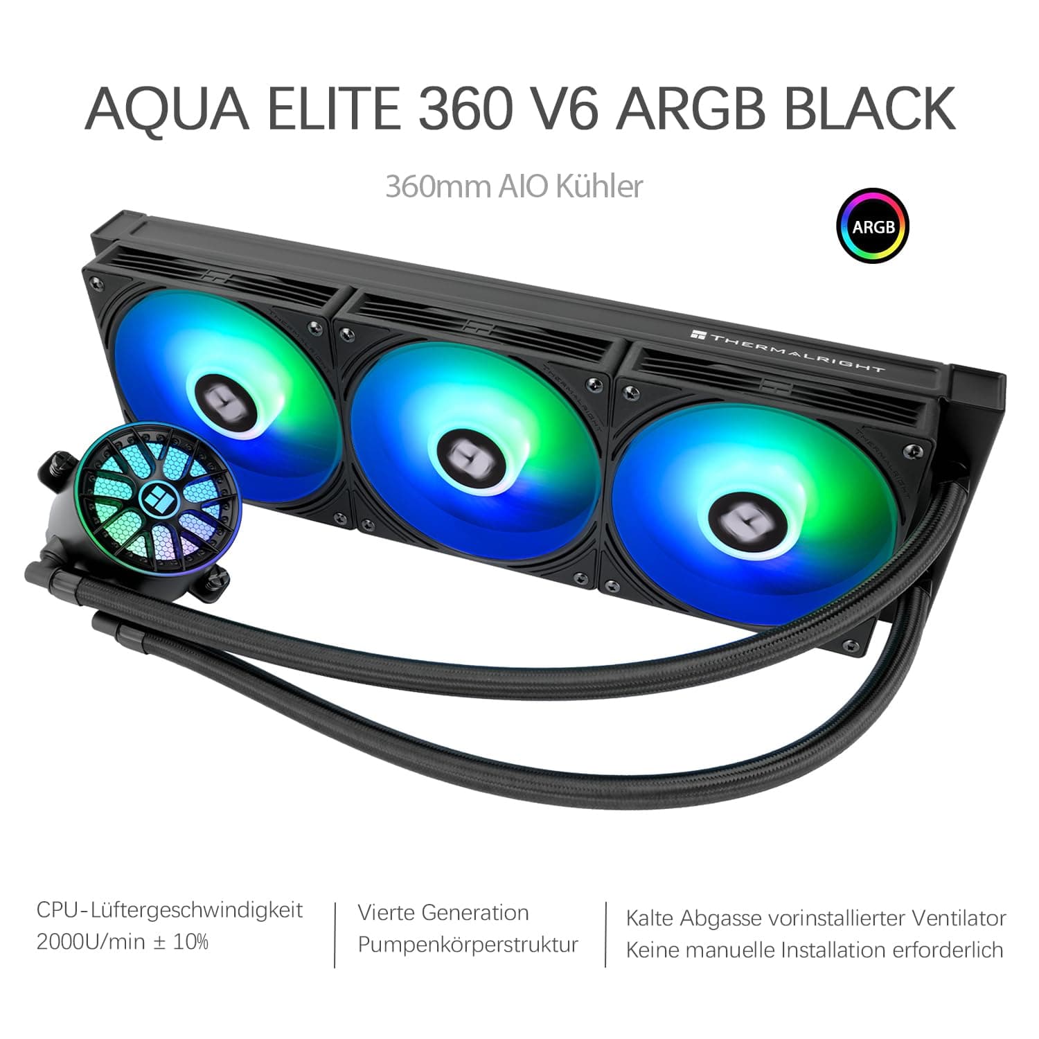 TR Thermalright AQUA ELITE 360 V6 ARGB Black Liquid CPU Kühler, 360mm Aio Kühlung, 3 PWM Lüfter-ARGB, für AMD AM4/AM5, Intel LGA1851/1700/115x/1200(Schwarz) Bild 3