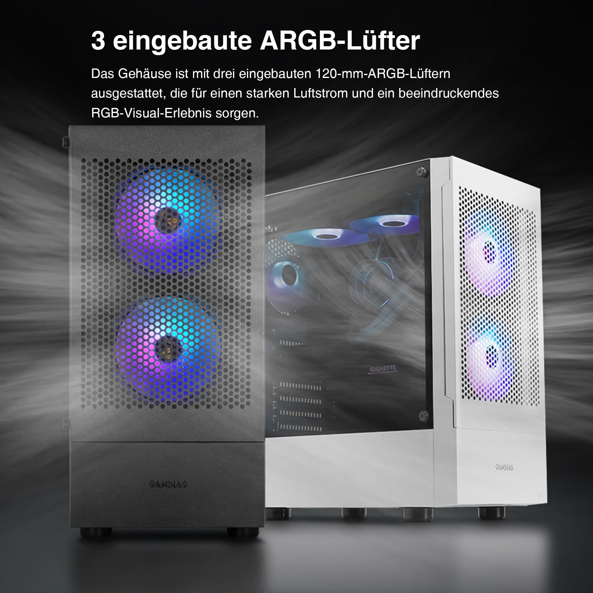 GAMDIAS ATX Mid-Tower Gaming-PC-Gehäuse, Enthält 3 x 120 mm ARGB-Lüfter, High Airflow Mesh Front, Gehärtetes Glas-Seitenteil, PSU-Abdeckung, Weiß TALOS E3 MESH WH Bild 5