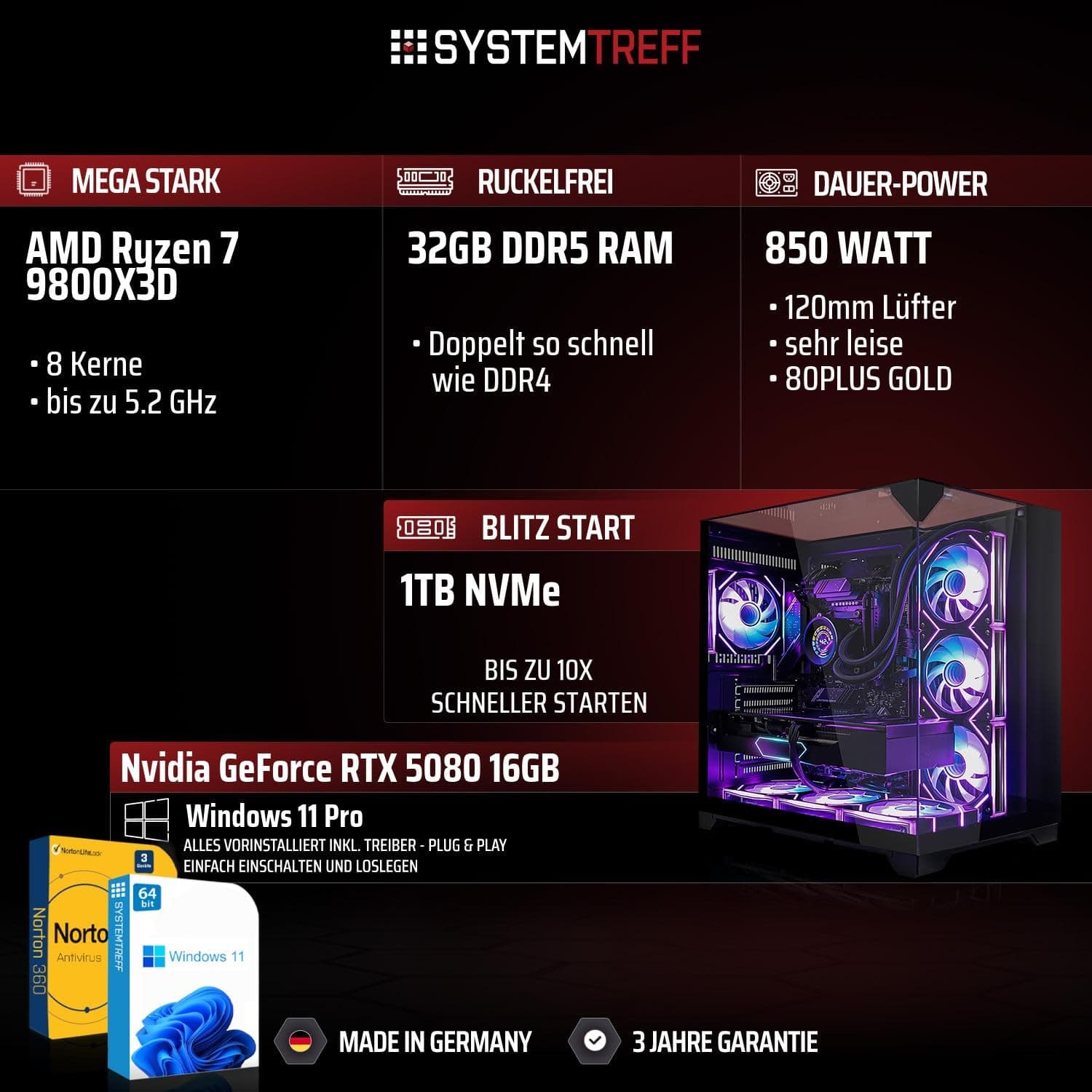 SYSTEMTREFF High-End Gaming PC AMD Ryzen 7 9800X3D 8x5.2GHz | Nvidia RTX 5080 16GB DX12 | 1TB M.2 NVMe | 32GB DDR5 RAM | Windows 11 | Desktop Computer Rechner für Gamer, Zocker & Streamer Bild 2