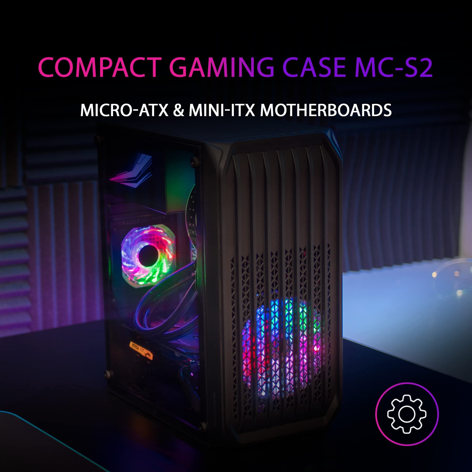 Mars Gaming MC-S2, Gehäuse PC Micro-ATX Ultra-Kompakt, Frontgitter, 2X FRGB-Lüfter, Full Side Window Gaming Gehäuse, Unterstützt Flüssigkeitskühlung bis zu 240mm, Schwarz Bild 3