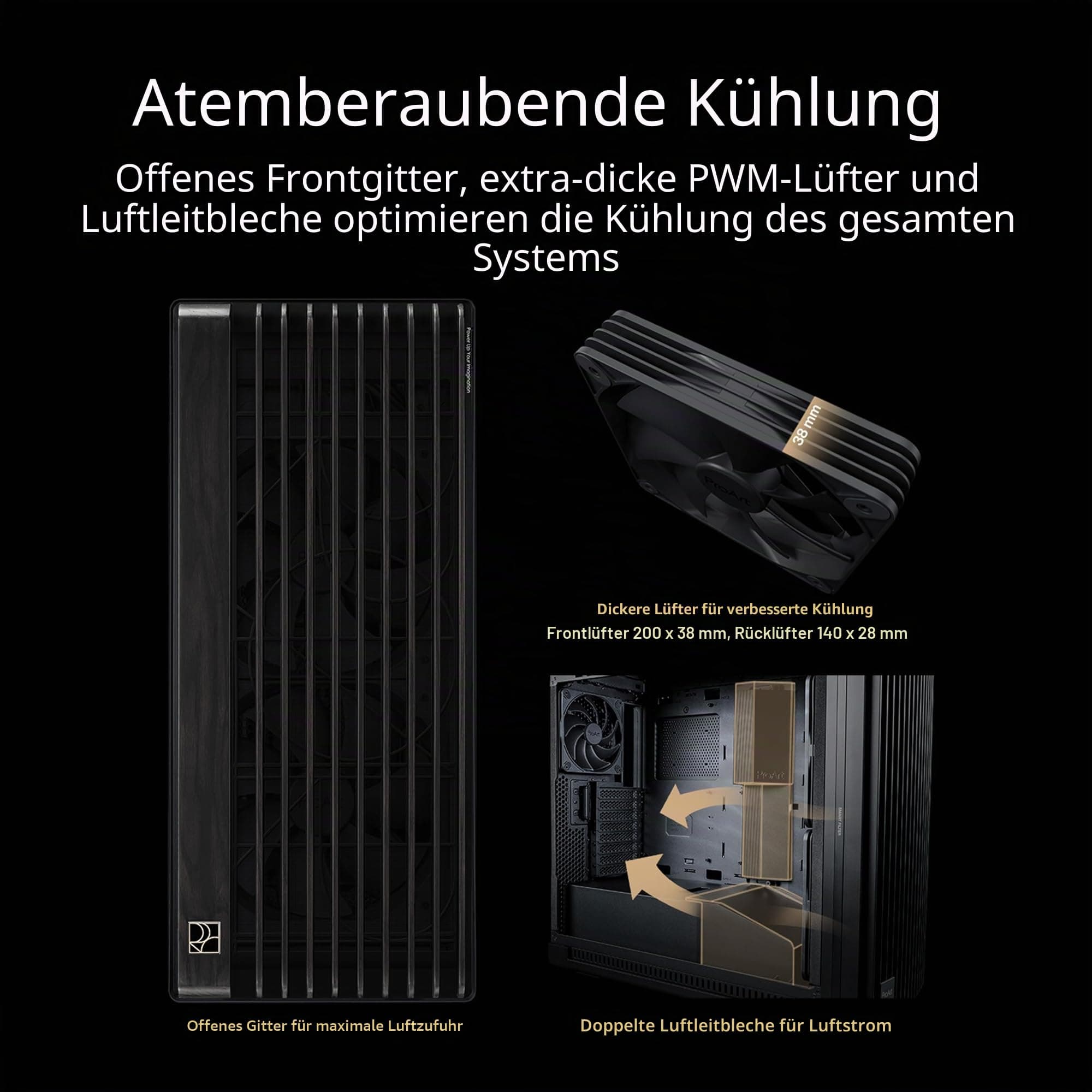 ASUS ProArt PA602 Wood Edition Metal Panel E-ATX PC Gehäuse (zertifiziertes Holz, vorinstallierte Systemlüfter und Grafikkartenhalter, unterstützt 420 mm Radiator, IR-Staubsensor, USB Typ-C 20Gbps) Bild 3